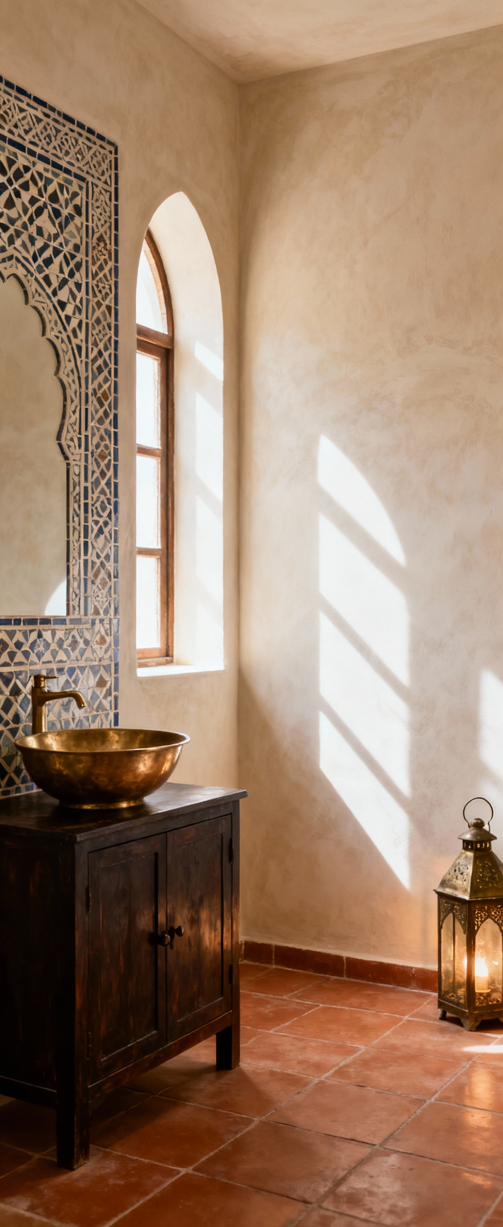 Moroccan bathroom featuring balanced Zellige and Tadelakt, soft lantern lighting, and brass fixtures, exemplifying cohesive and authentic design.