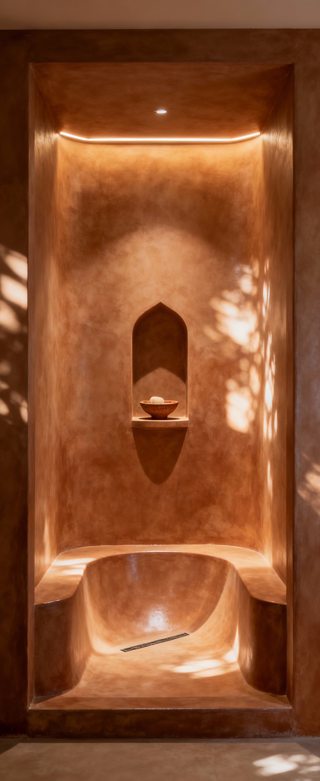 Exquisite Moroccan recessed shower sanctuary with seamless Tadelakt plaster walls and soft, indirect LED lighting creating an immersive and intimate Hammam-like experience.