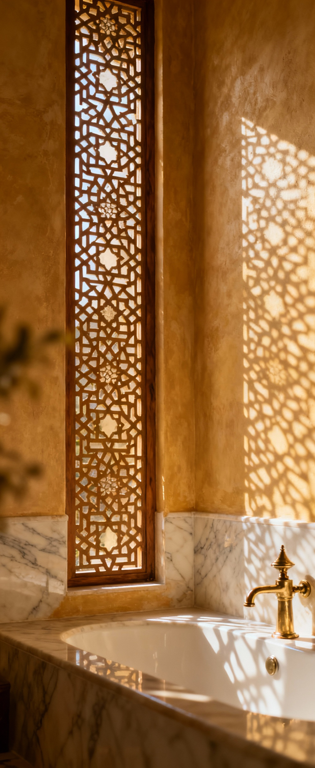 Moroccan bathroom interior with a prominent, intricate wooden Mashrabiya screen casting dappled light and shadows across smooth Tadelakt walls, fostering privacy and a serene atmosphere.