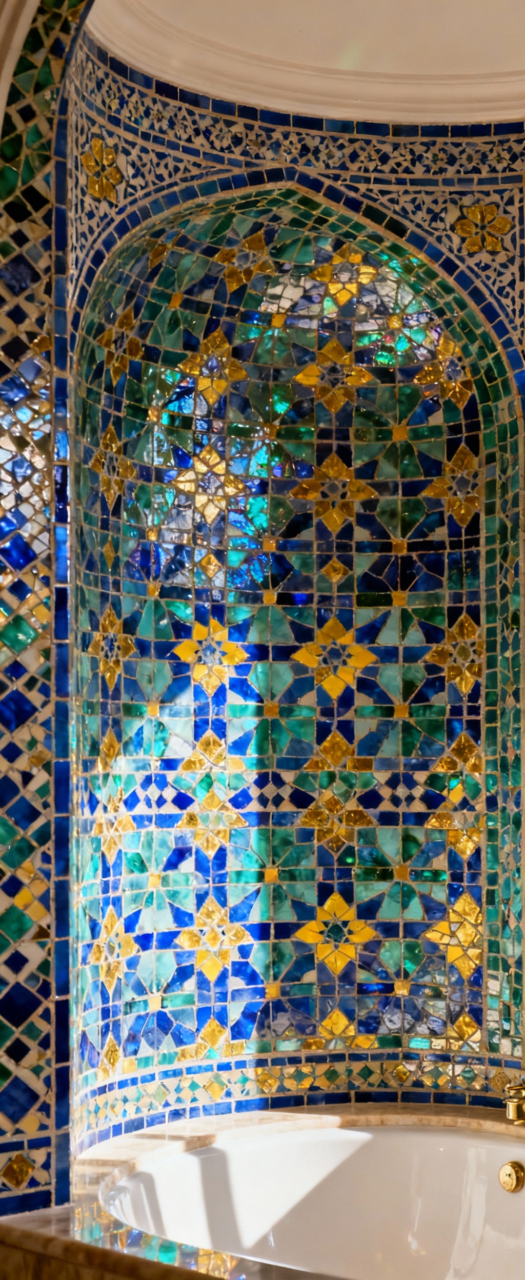 Close-up of intricate hand-cut Moroccan Zellij mosaic tiles in geometric patterns on a bathroom wall, with traditional Tadelakt plaster details.