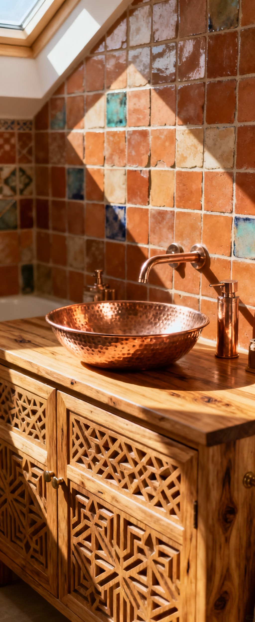 Luxurious Moroccan bathroom featuring a carved cedar vanity, a gleaming hammered copper sink and faucet, and rich glazed terracotta wall tiles, creating a warm, textured ambiance.
