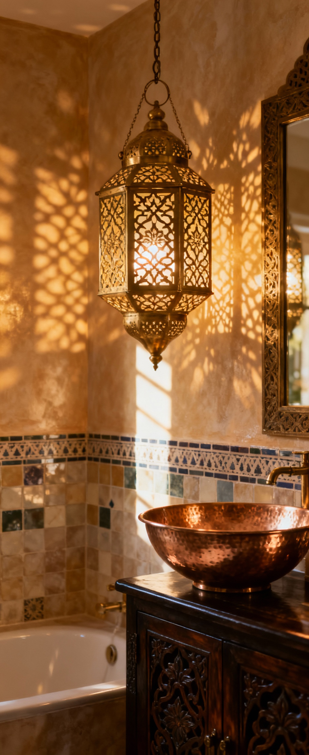 Artisanal Moroccan brass filigree lantern casting intricate shadows in a luxurious bathroom oasis with Tadelakt walls and copper basin, serene and tranquil ambiance.