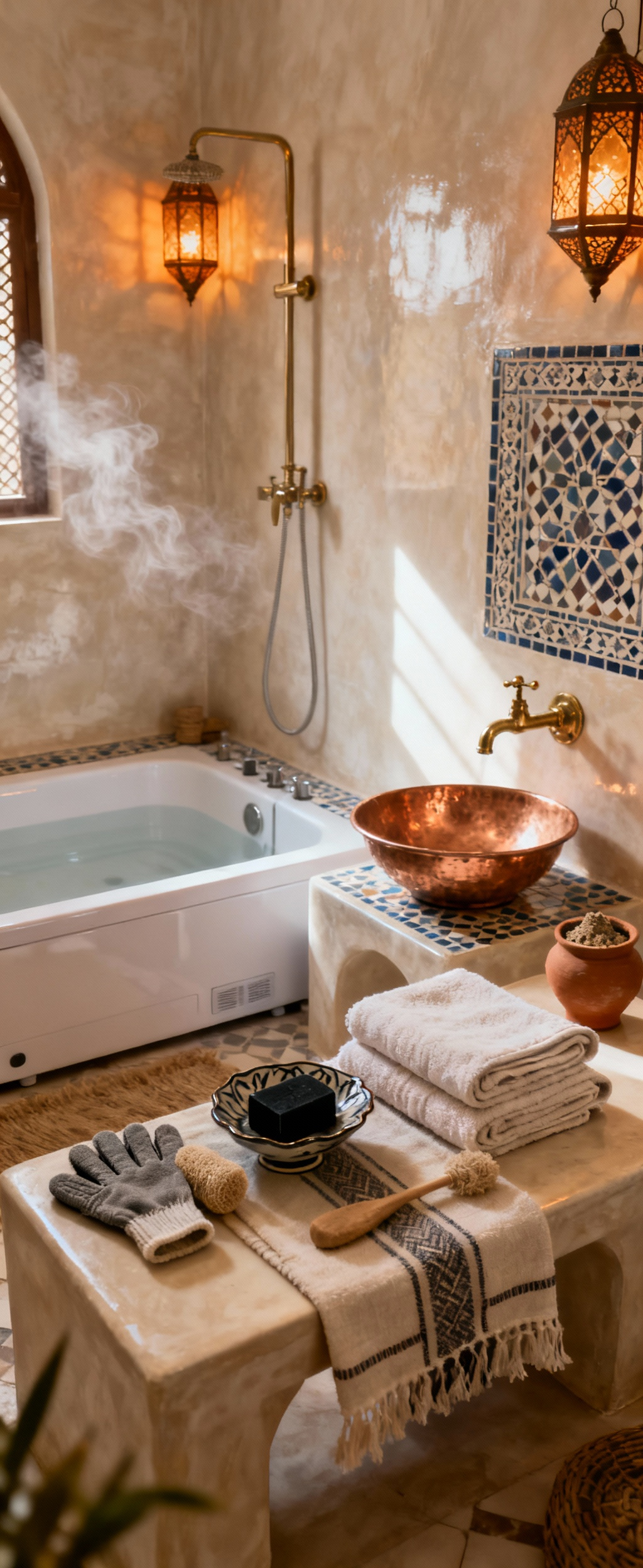 A Moroccan Hamman self-care zone featuring Tadelakt walls, zellige mosaics, brass fixtures, fouta towels, and traditional Hamman ritual products arranged in a warm, inviting setting.