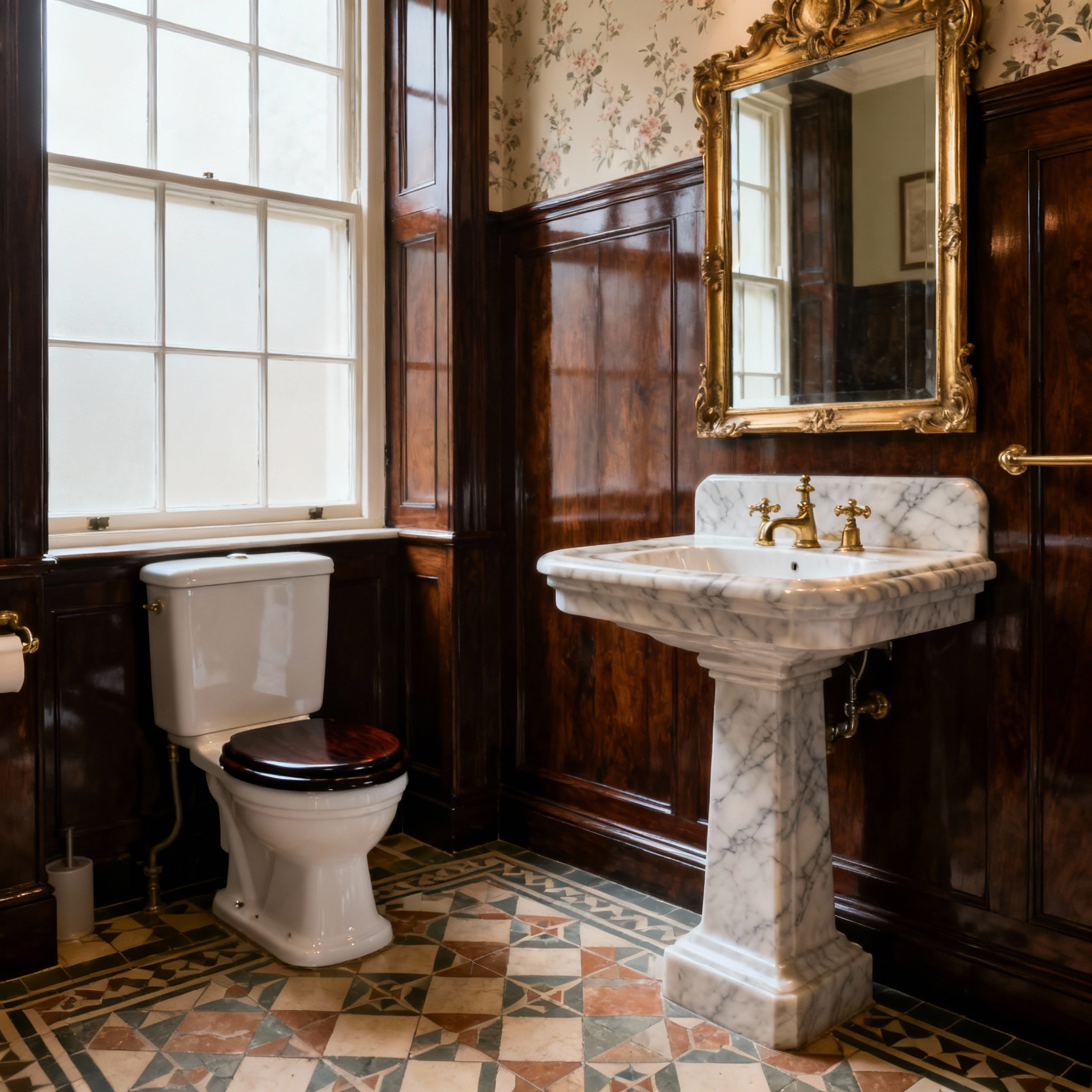 Authentic early Victorian dedicated lavatory showcasing a high-cistern water closet, pedestal sink, geometric encaustic tiles, and polished timber paneling under natural light.