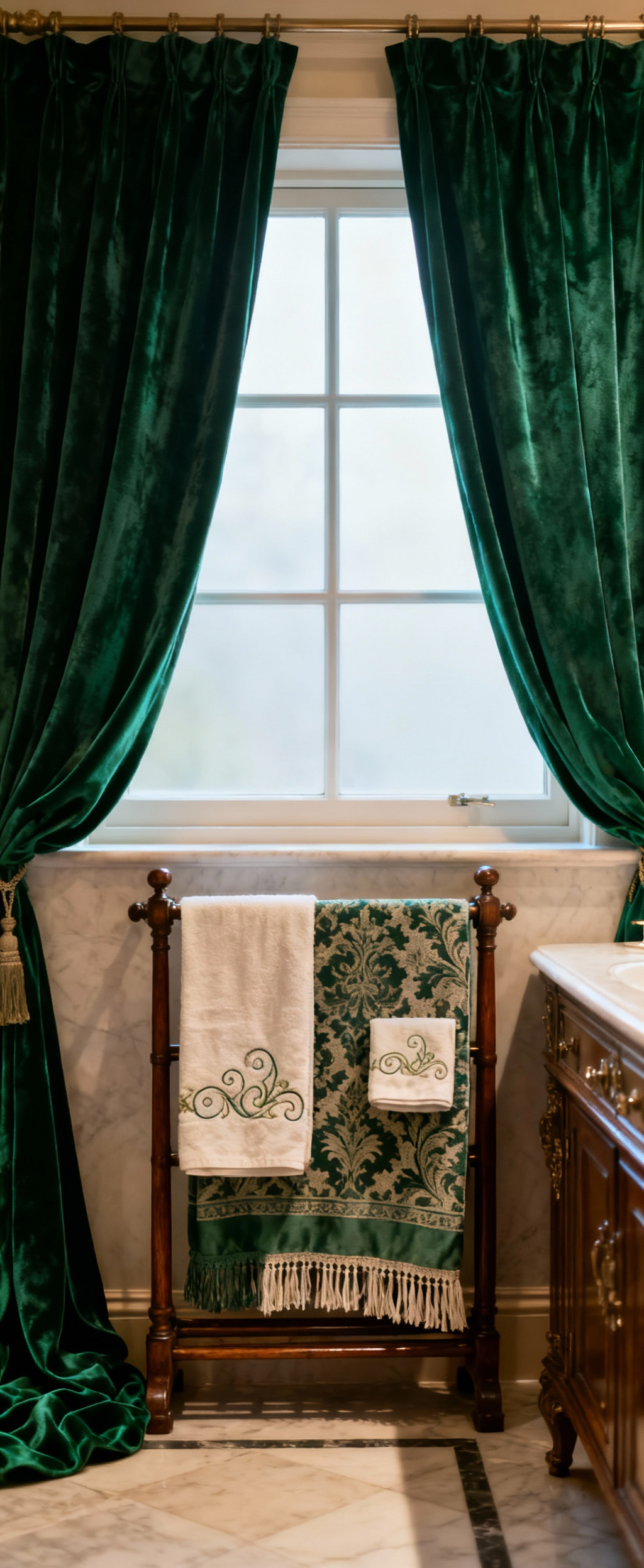 Luxurious Victorian bathroom showcasing deep emerald velvet drapes, fringed damask towels, and embroidered linen hand towels, adding rich sensory depth and authentic period charm.
