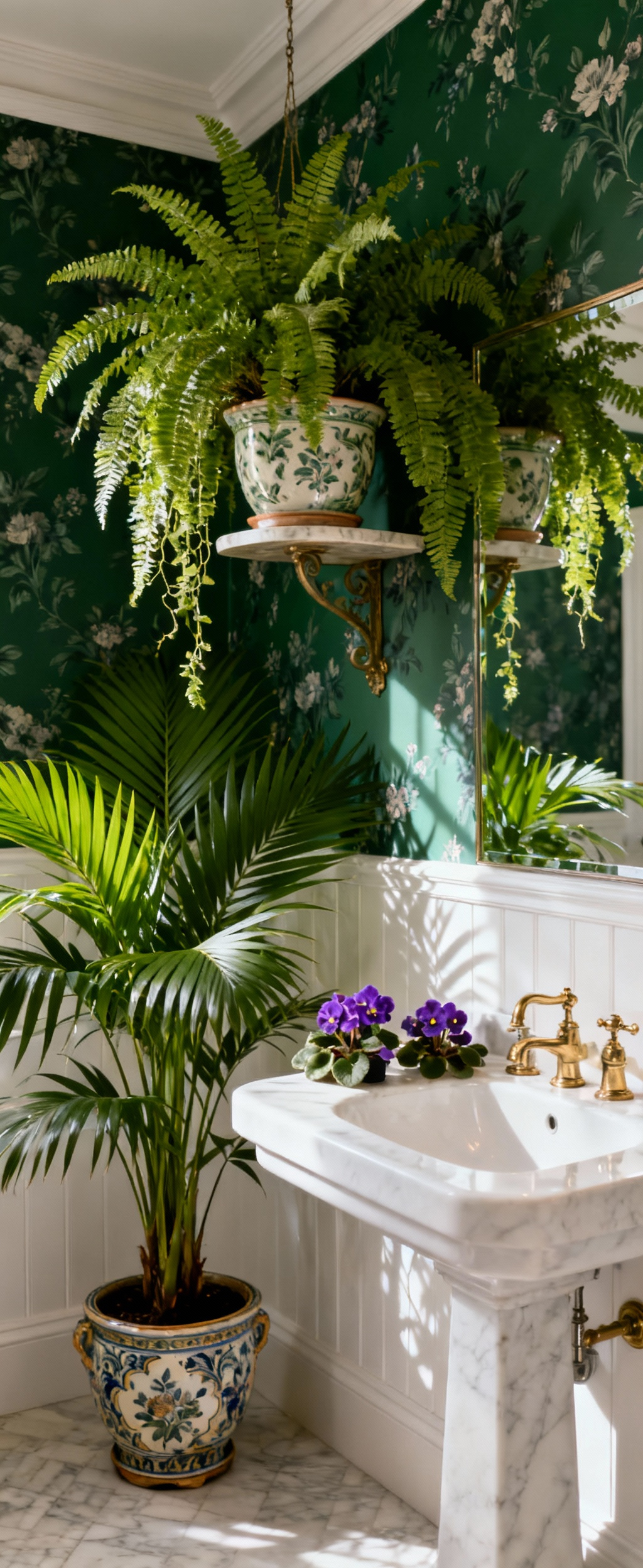 Elegant Victorian bathroom filled with abundant green ferns, large potted palms, and delicate flowering plants in ornate ceramic pots, under natural light.