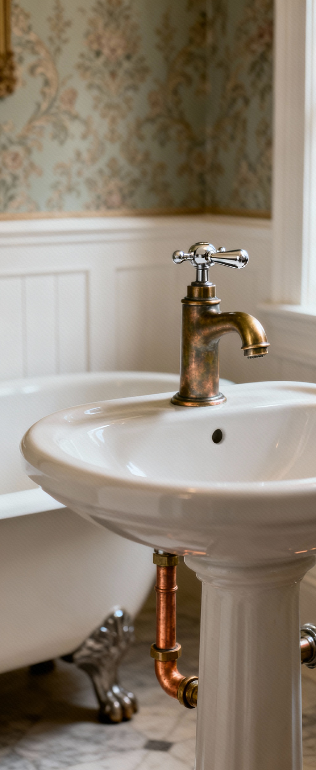 Close-up of elegant Victorian bathroom tapware showing detailed brass, polished nickel, and unlacquered copper finishes against classic wallpaper, emphasizing historical accuracy and craftsmanship.