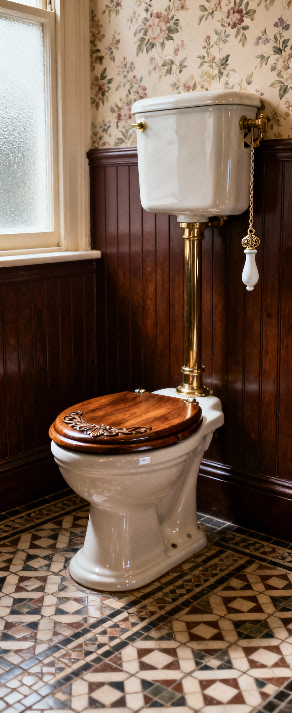 Victorian high-level water closet with a ceramic pan, dark wooden seat, polished brass flush pipe, high-mounted ceramic cistern, and pull chain, set against tessellated floor tiles and floral wallpaper.