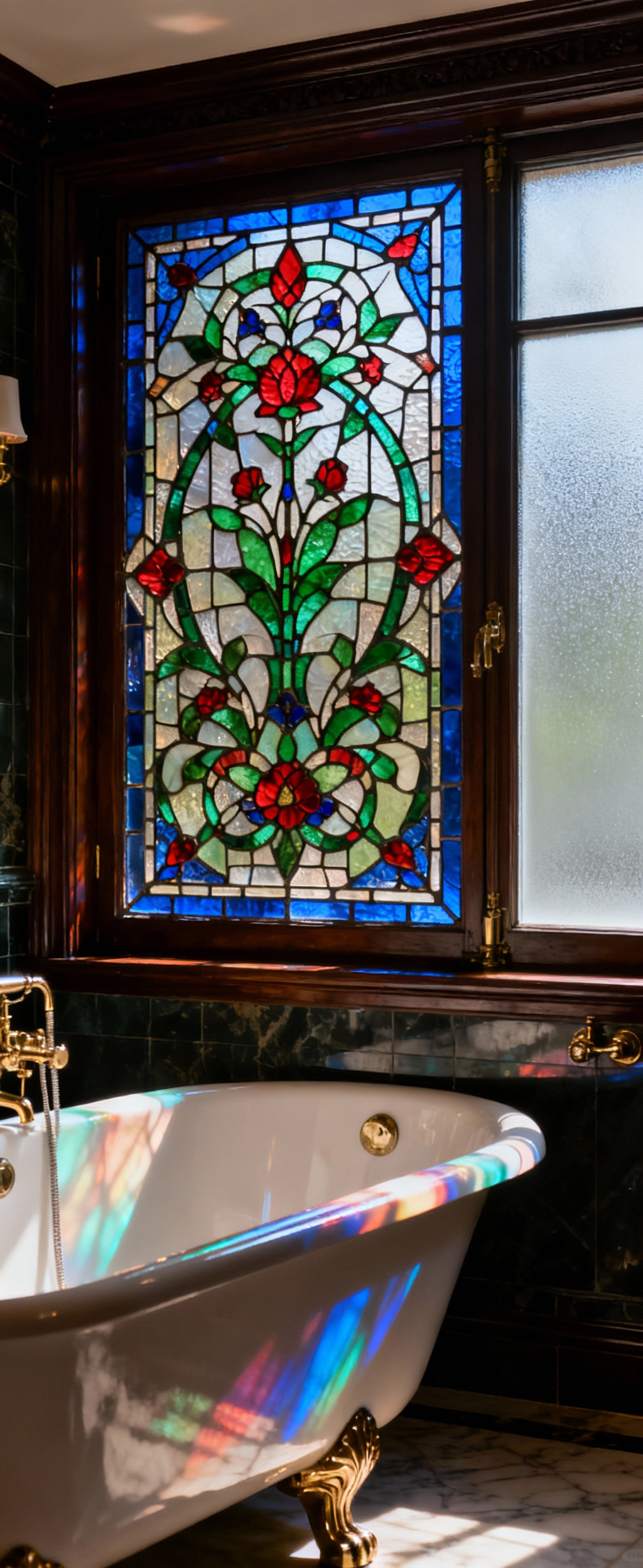 Ornate Victorian stained glass panel with floral motifs in jewel tones casting colorful reflections in a luxurious bathroom with a clawfoot tub and privacy film on a window.