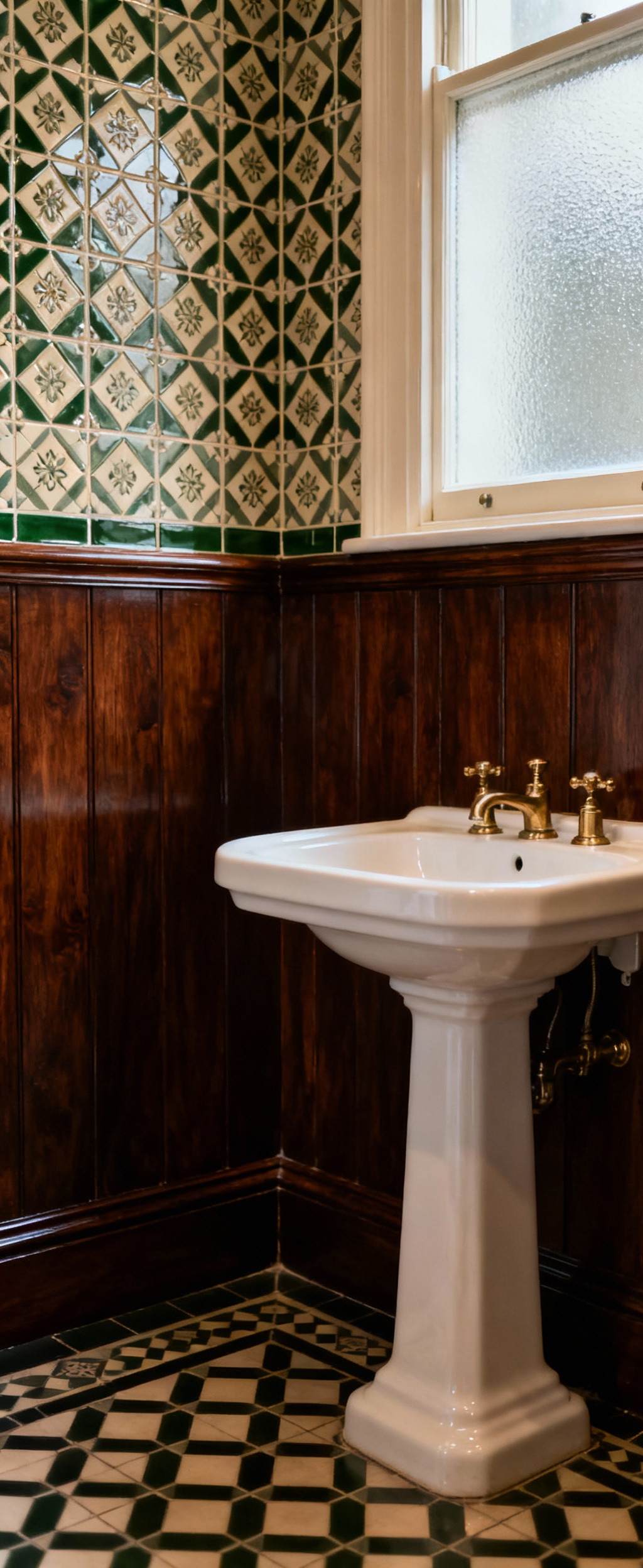 An elegant Victorian bathroom showcasing authentic dark mahogany timber paneling on lower walls and intricate geometric glazed ceramic tiles above, featuring a white pedestal sink and vintage brass fixtures, creating a historically accurate and opulent aesthetic.