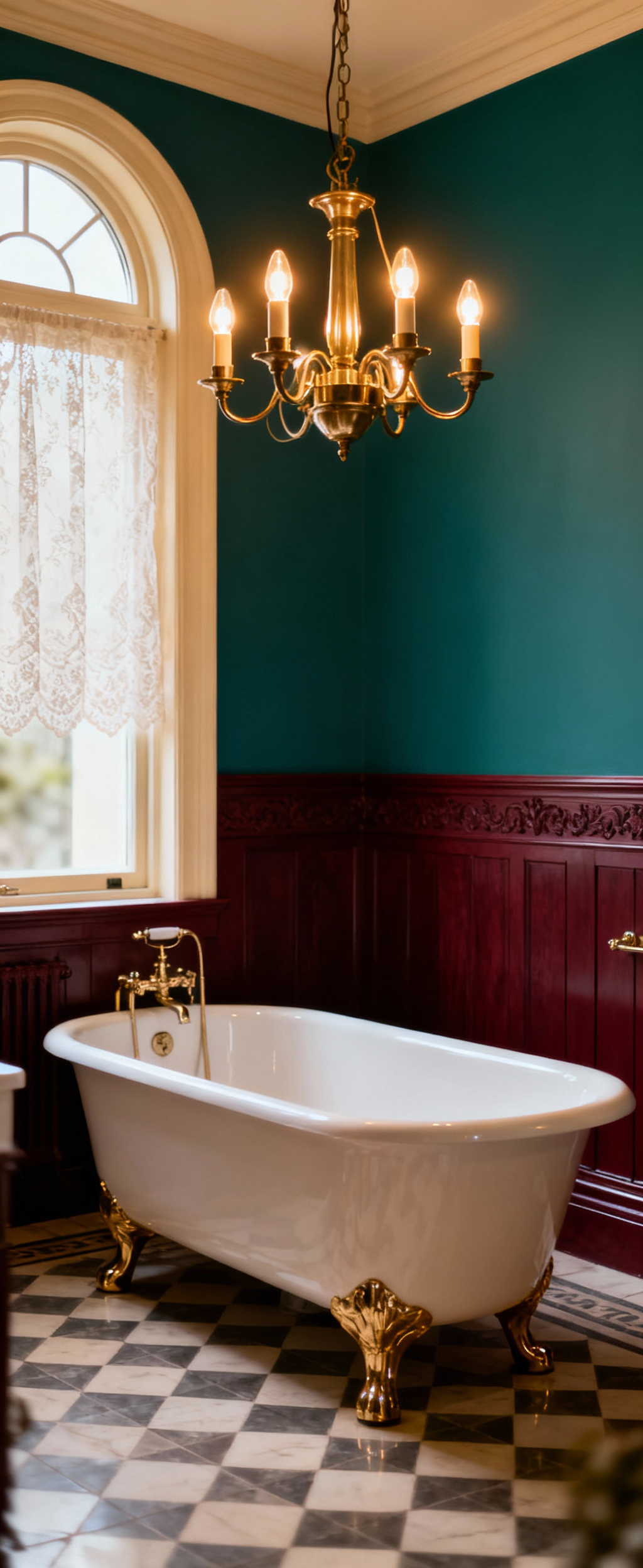 Ornate brass gasolier with warm glow over a clawfoot tub in a luxurious Victorian bathroom, evoking period-appropriate illumination and gentle ambiance.