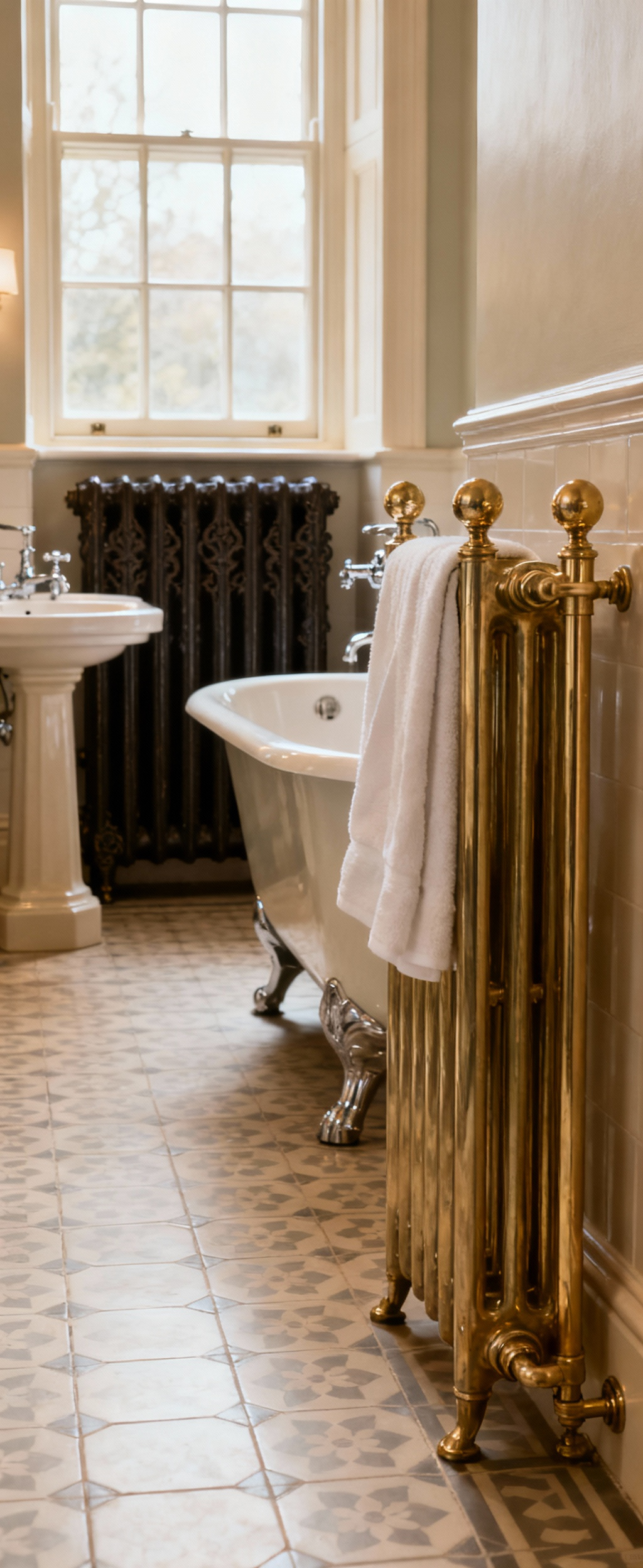 Opulent Victorian bathroom with a brass heated towel rail holding white towels and an ornate cast-iron radiator under a large window, showing historical elegance and modern comfort.