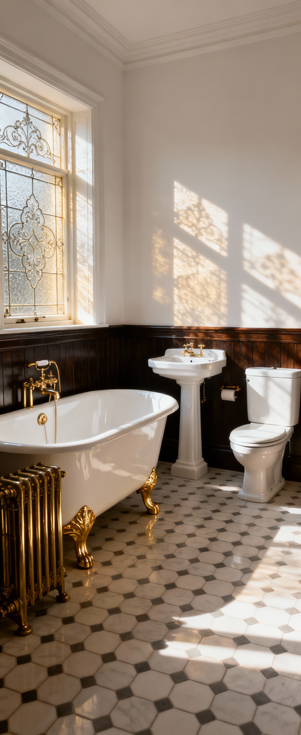 Elegantly laid out Victorian bathroom featuring a clawfoot tub, pedestal sink, and WC, demonstrating optimal ergonomic flow and Belle Époque grandeur, bathed in soft natural light.
