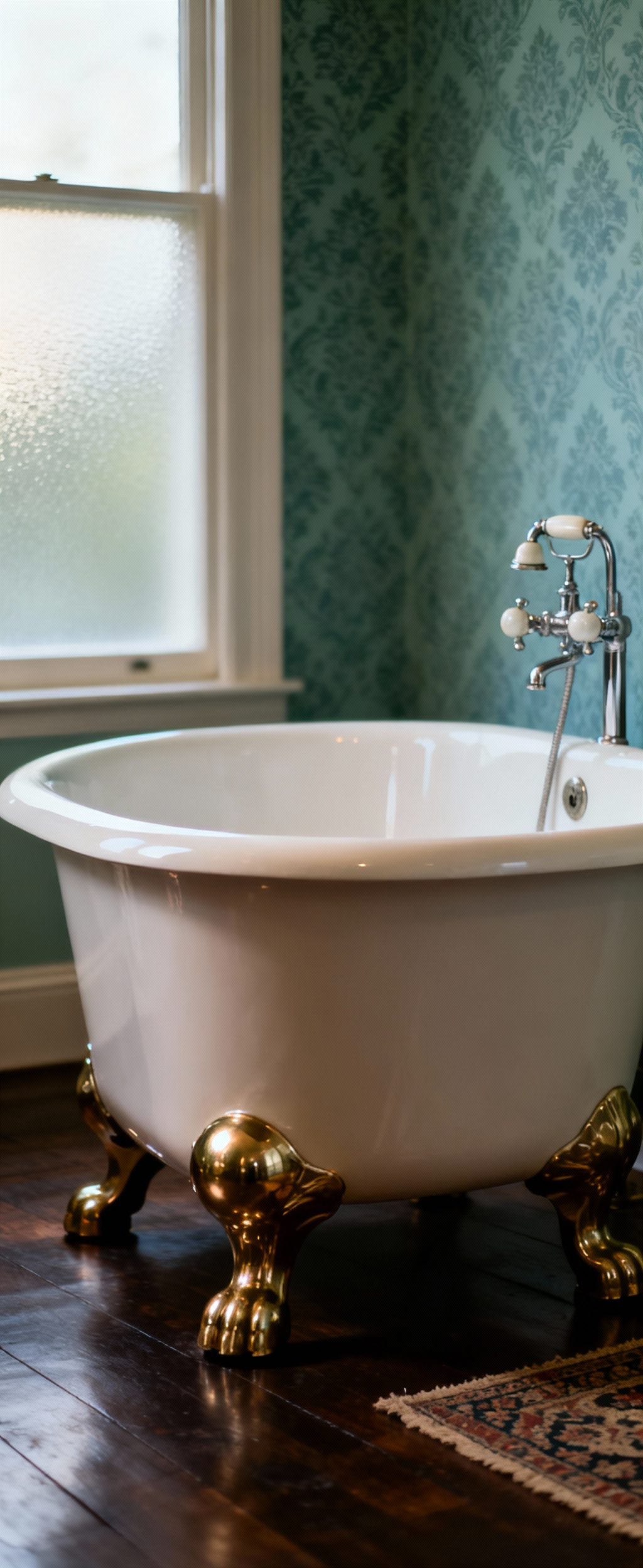 An authentic Victorian clawfoot bathtub with polished brass ball-and-claw feet, white enamel interior, and vintage polished nickel fixtures in a period-style bathroom with natural light.