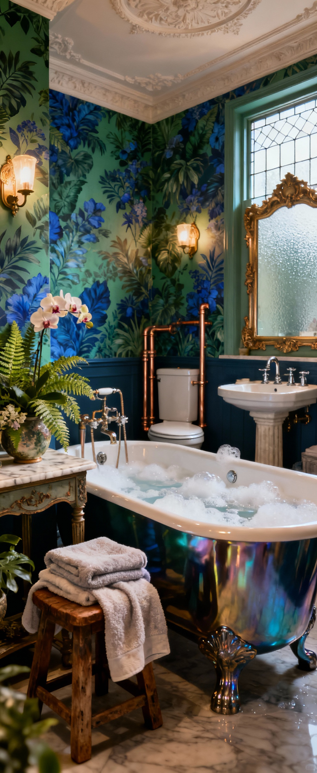 Elegant Victorian lavatory meticulously transformed into a luxurious spa sanctuary, featuring a cast-iron clawfoot tub, classical pedestal basin, botanical decor, period-appropriate lighting, and intricate wallpaper, emphasizing deep relaxation and contemplative design.