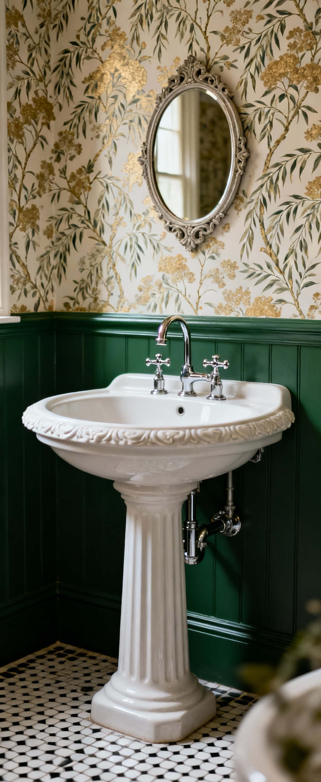 Elegant Victorian pedestal sink in a beautifully appointed bathroom with William Morris wallpaper and polished nickel fixtures