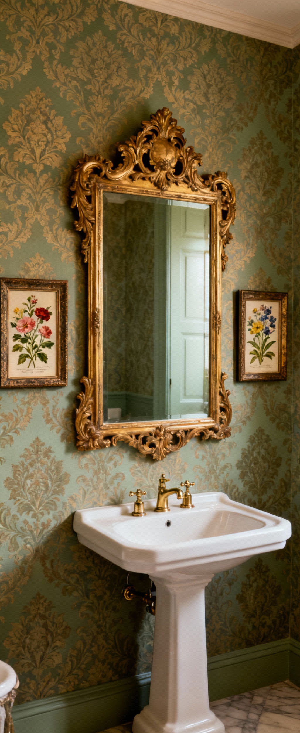 Victorian bathroom with ornate gold-framed mirror above a pedestal sink, flanked by framed botanical engravings, creating an elegant period adornment narrative.