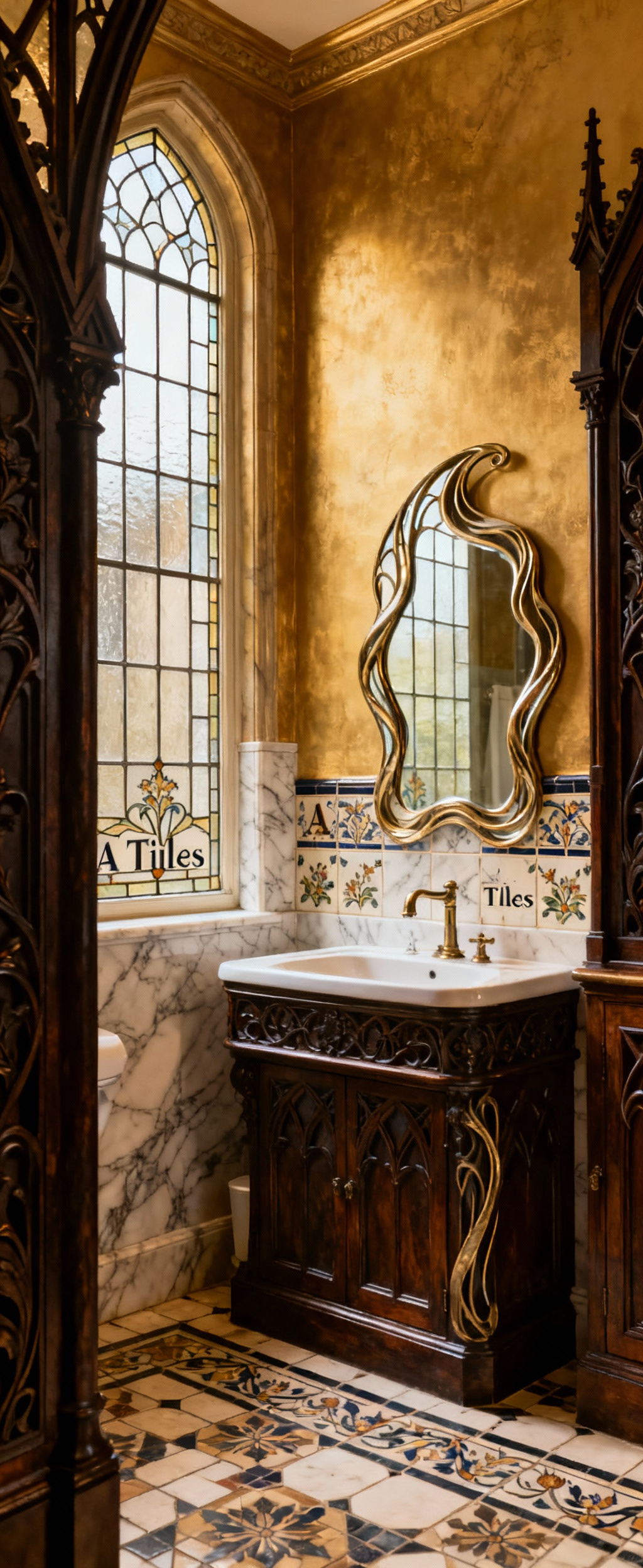 Elegant Victorian bathroom interior displaying a sophisticated fusion of Gothic Revival dark wood, Aesthetic Movement hand-painted tiles, and subtle Art Nouveau curvilinear design elements.