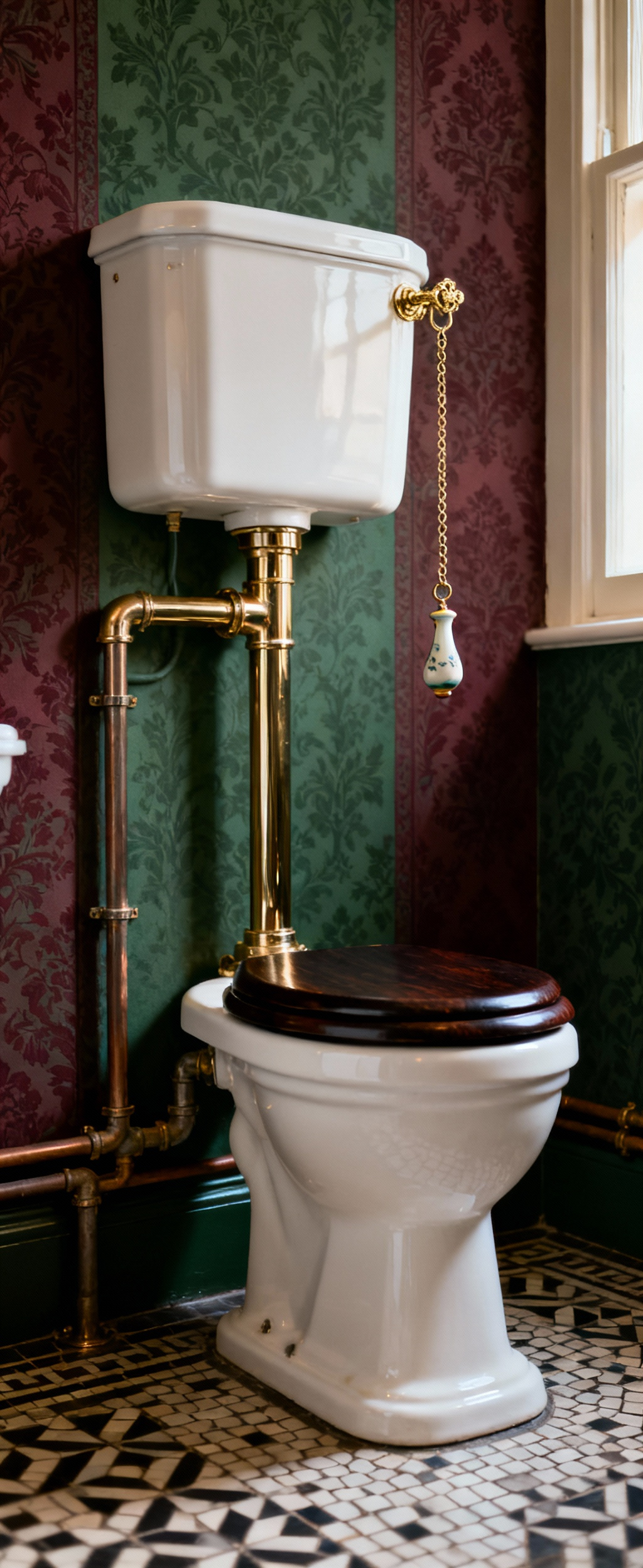 Authentic Victorian high-level water closet with porcelain pedestal pan, brass flush pipe, ceramic cistern, and ornate pull chain in a period bathroom setting with patterned wallpaper and mosaic tiles.
