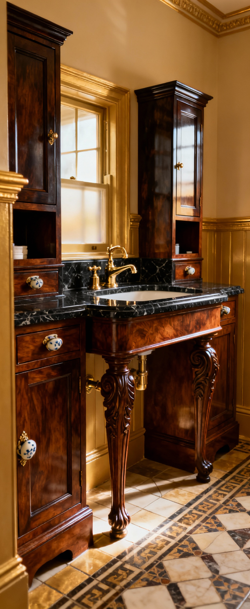 Victorian bathroom with ornate mahogany washstand, Belgian Black marble top, and integrated ebonized built-in linen cupboards with recessed panels and brass taps. Authentic period cabinetry.