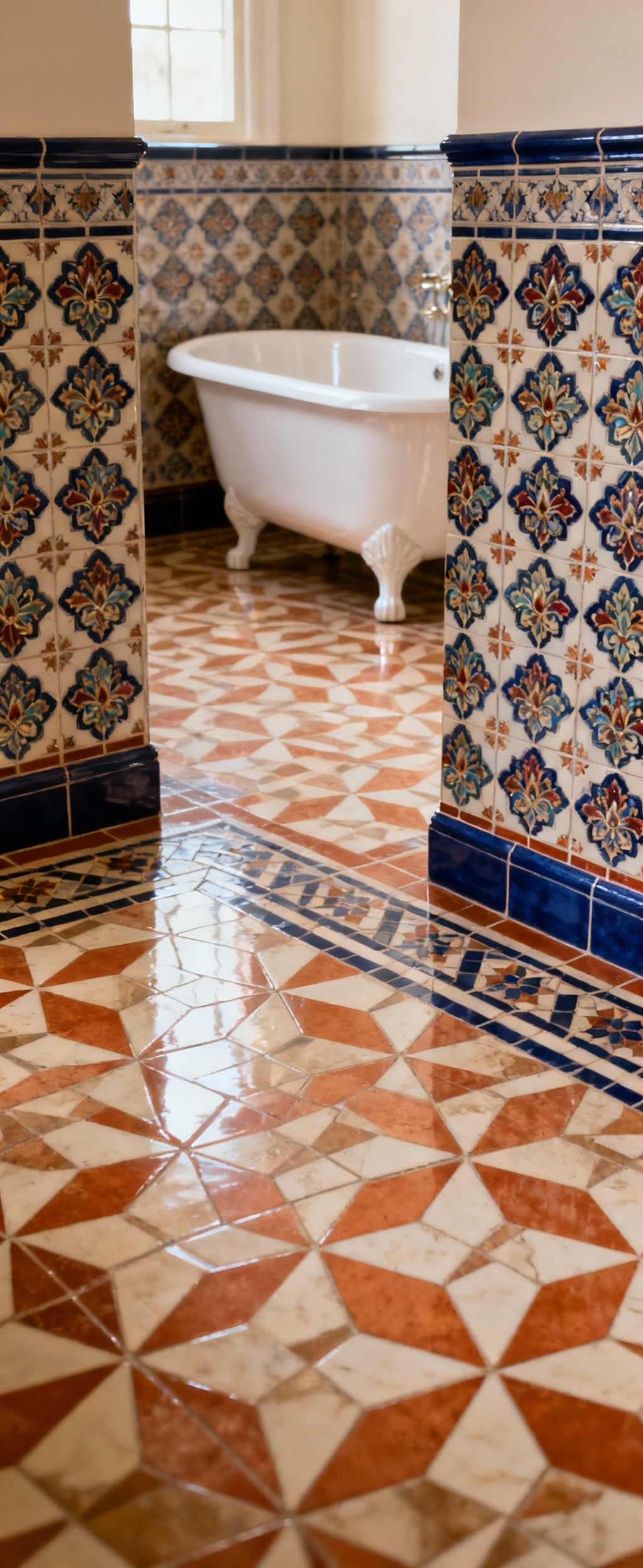 A close-up view of a meticulously designed Victorian bathroom, highlighting the intricate encaustic and geometric tiles used for the flooring and wainscoting, with a clawfoot tub in the soft background.
