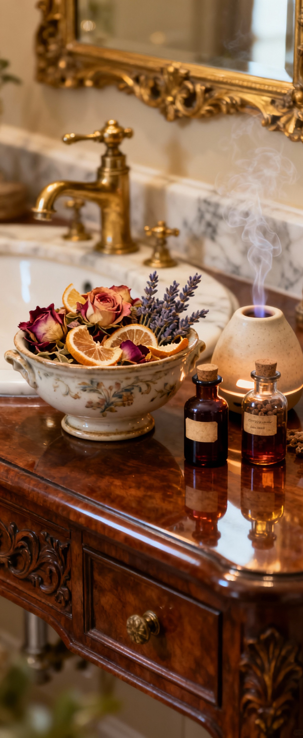 A richly detailed still life showcasing an antique ceramic potpourri bowl filled with dried rose petals and lavender, beside apothecary-style essential oil bottles, all resting on a polished mahogany Victorian bathroom vanity. Subtle natural lighting highlights the textures.