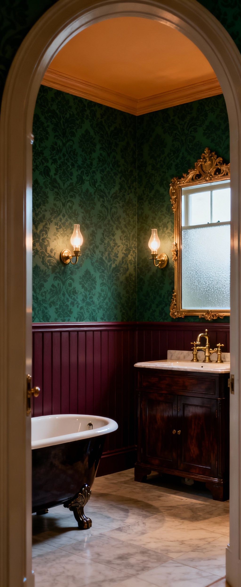 Victorian bathroom featuring walls in a rich claret dado and forest green damask wallpaper, a gilded mirror, dark mahogany vanity, and ornate brass fixtures, showcasing a historically informed colour palette.