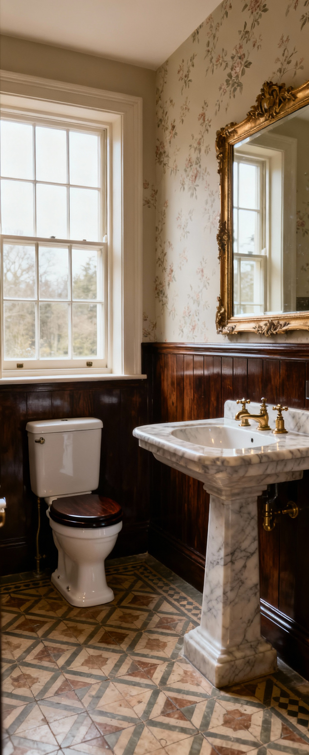 Authentic early Victorian dedicated lavatory showcasing a high-cistern water closet, pedestal sink, geometric encaustic tiles, and polished timber paneling under natural light.