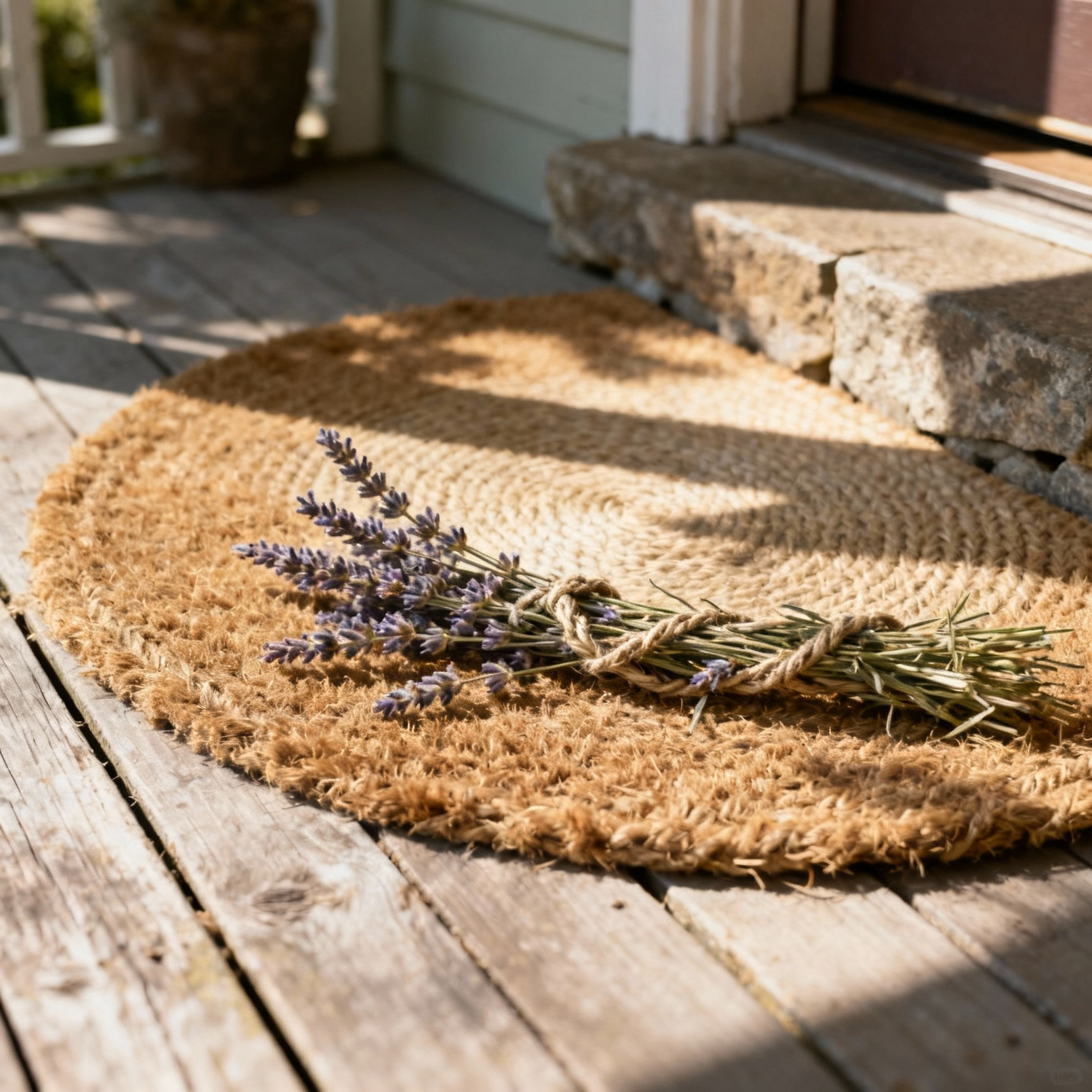Cottage core front porch with layered natural fiber welcoming mat, round jute rug, botanical coir mat, wooden flooring, morning sunlight