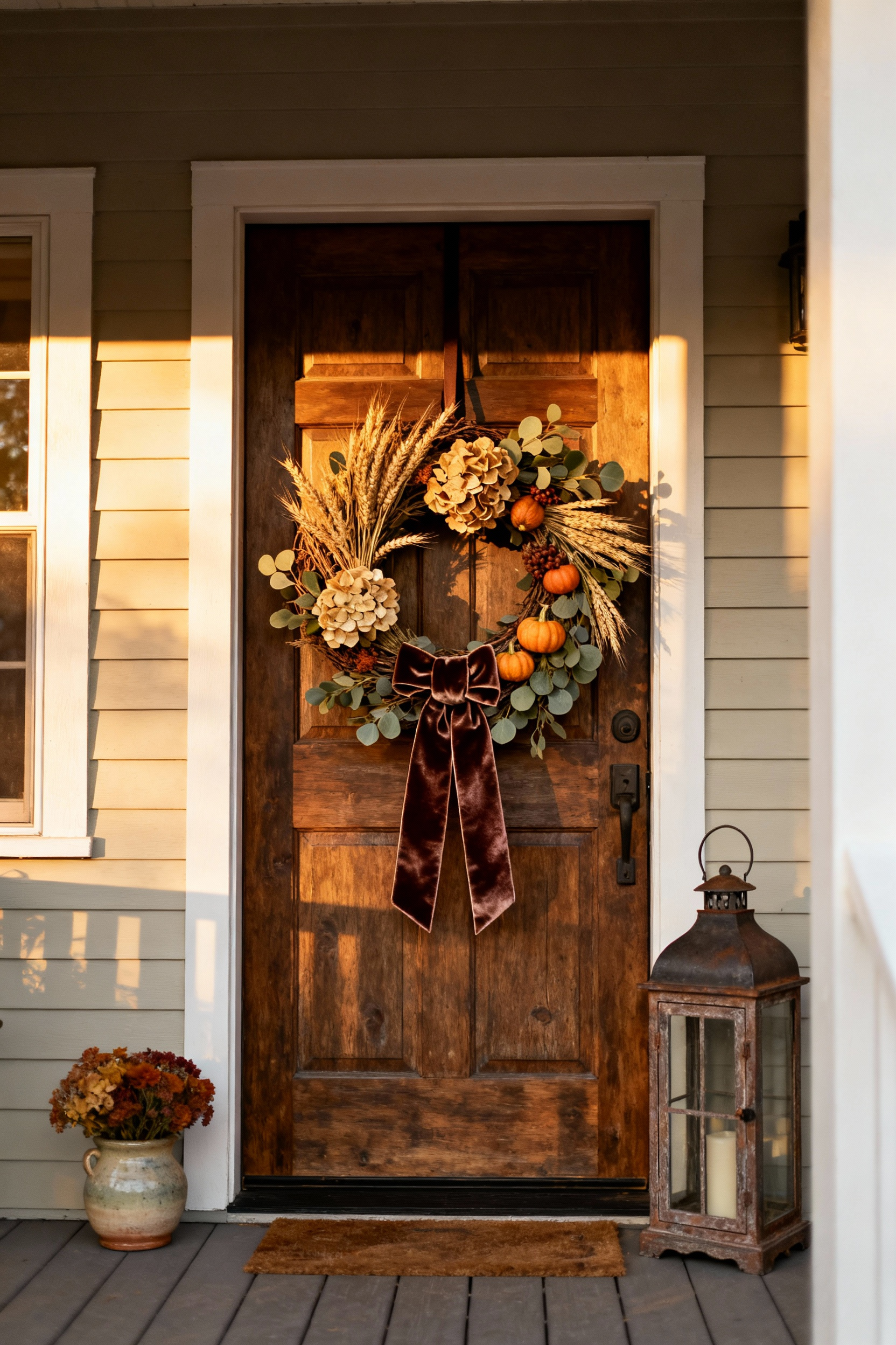 Front porch of a charming cottage home featuring a beautiful, handmade autumn wreath made of dried flowers and gourds on the rustic wooden door. Cottage core aesthetic with warm lighting.