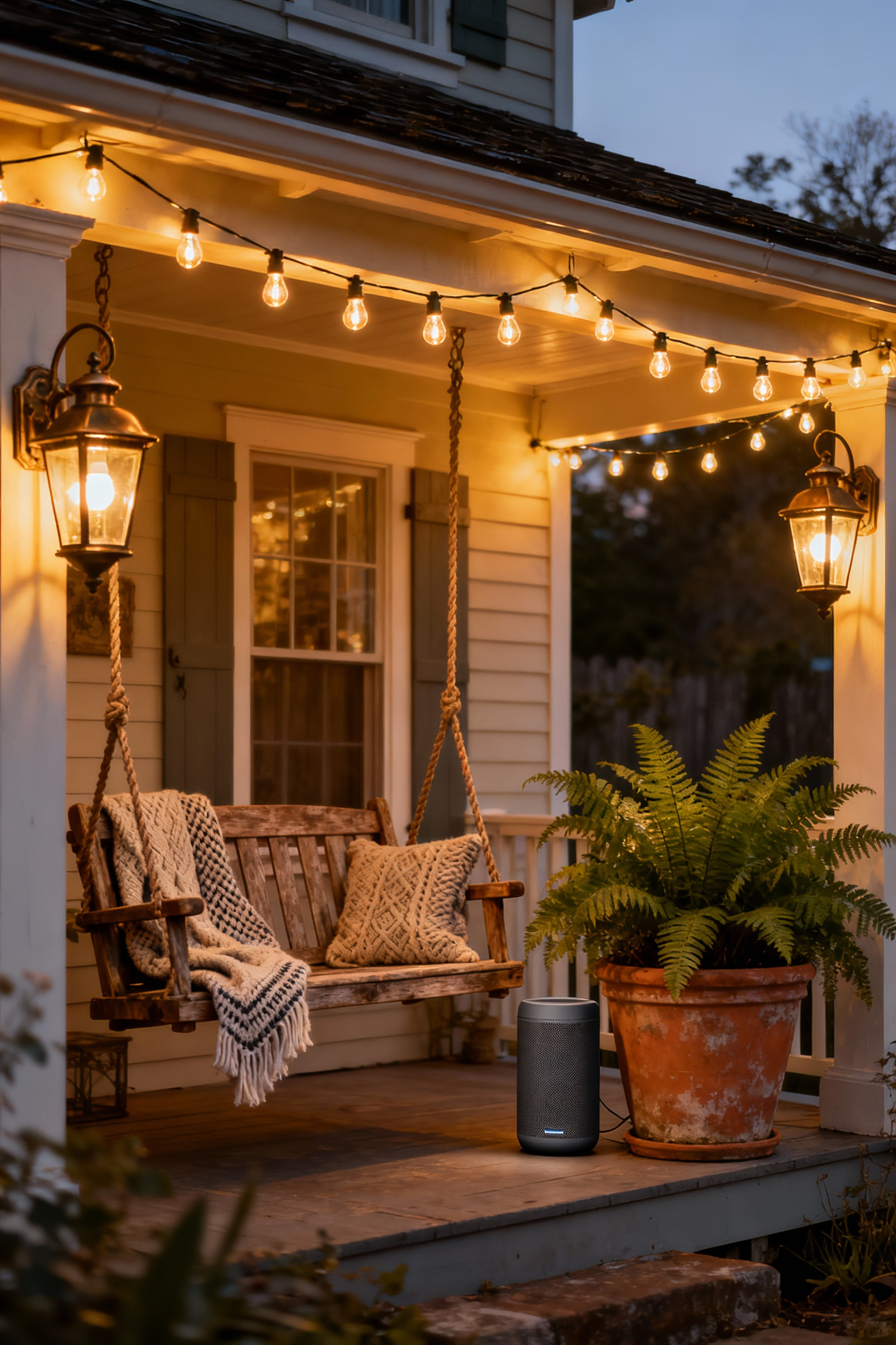 Cottage core front porch at dusk with warm smart lighting, vintage lanterns, string lights, and hidden smart speaker, creating a cozy and inviting atmosphere.