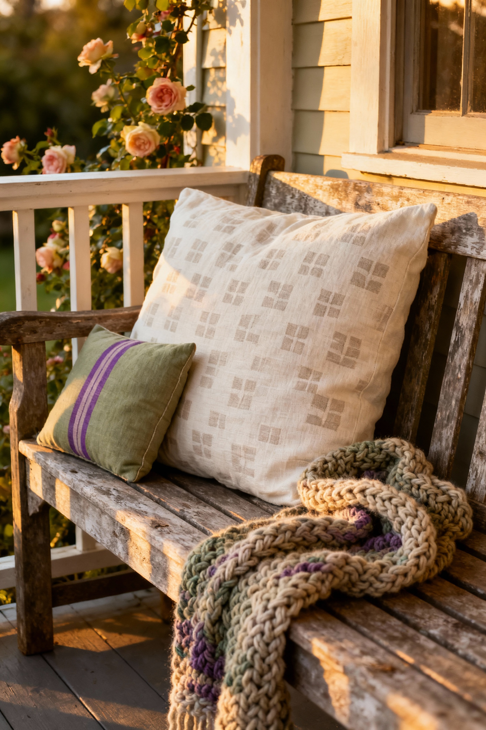 A cozy cottage core front porch features a weathered bench with layered cushions and throws in natural textures like linen and wool, creating an inviting seating area.