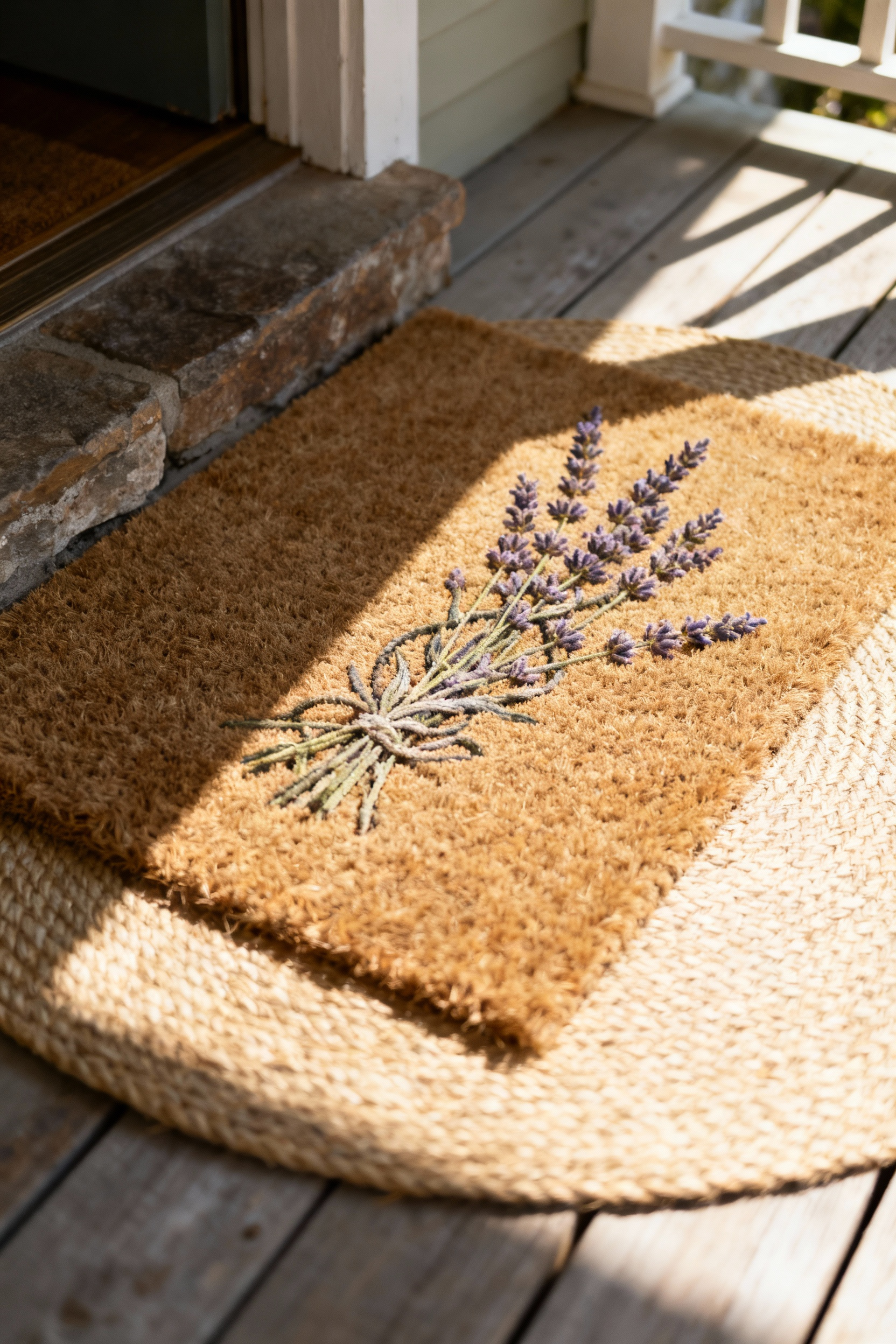 Cottage core front porch with layered natural fiber welcoming mat, round jute rug, botanical coir mat, wooden flooring, morning sunlight