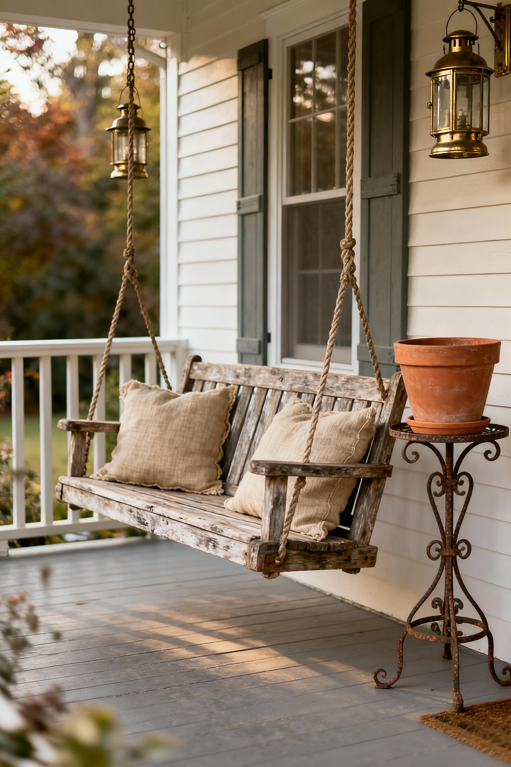 Charming cottage front porch with timeless wooden swing and vintage lanterns, exemplifying foundational decor ready for easy year-round seasonal transitions. Sunlight bathes the scene.