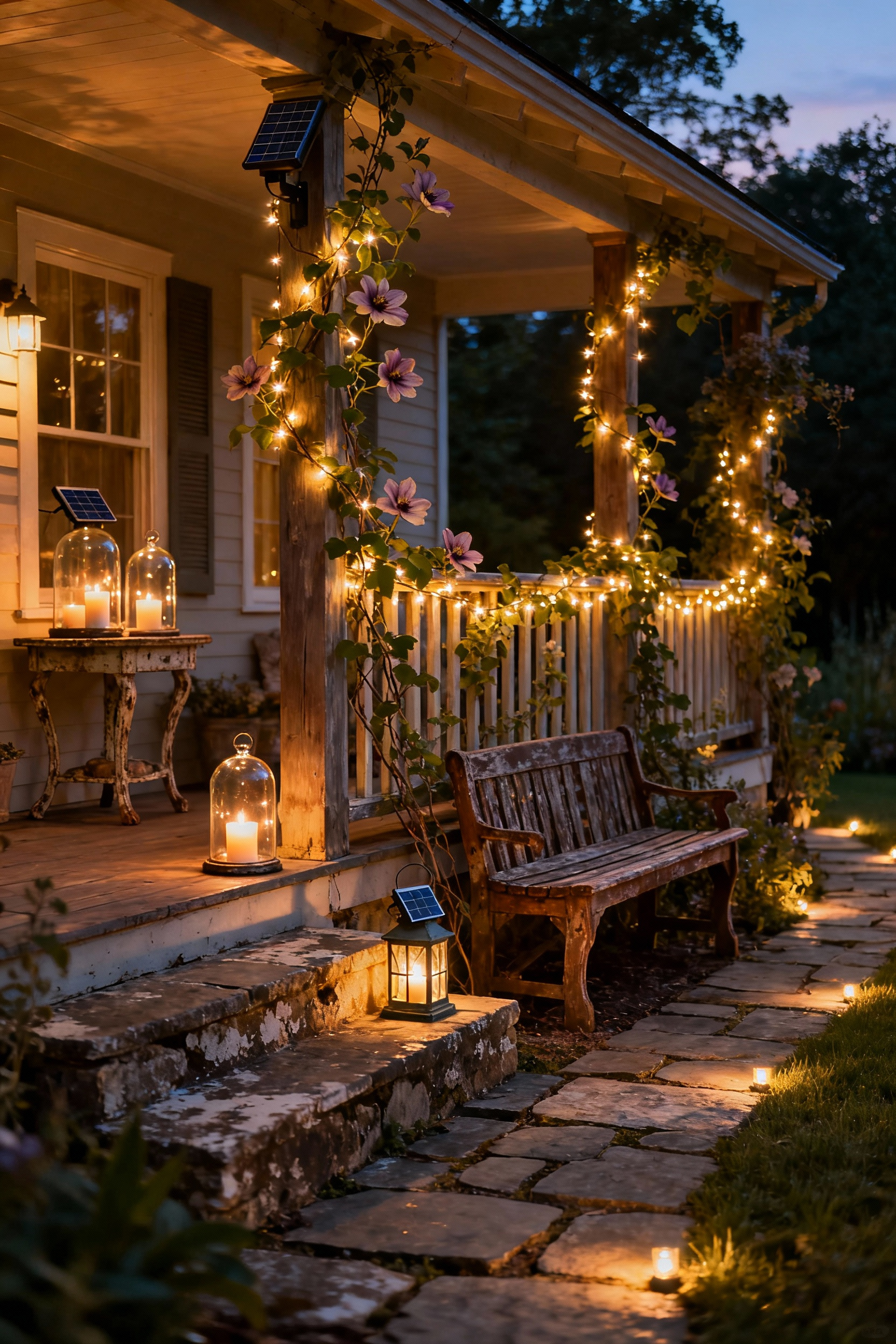 Cottage core front porch at dusk, illuminated with warm layered lighting. Features string lights, solar lanterns, and flameless candles, creating a serene and inviting ambiance for evening relaxation. Focus on the interplay of soft glows and shadows on architectural details and lush plants.