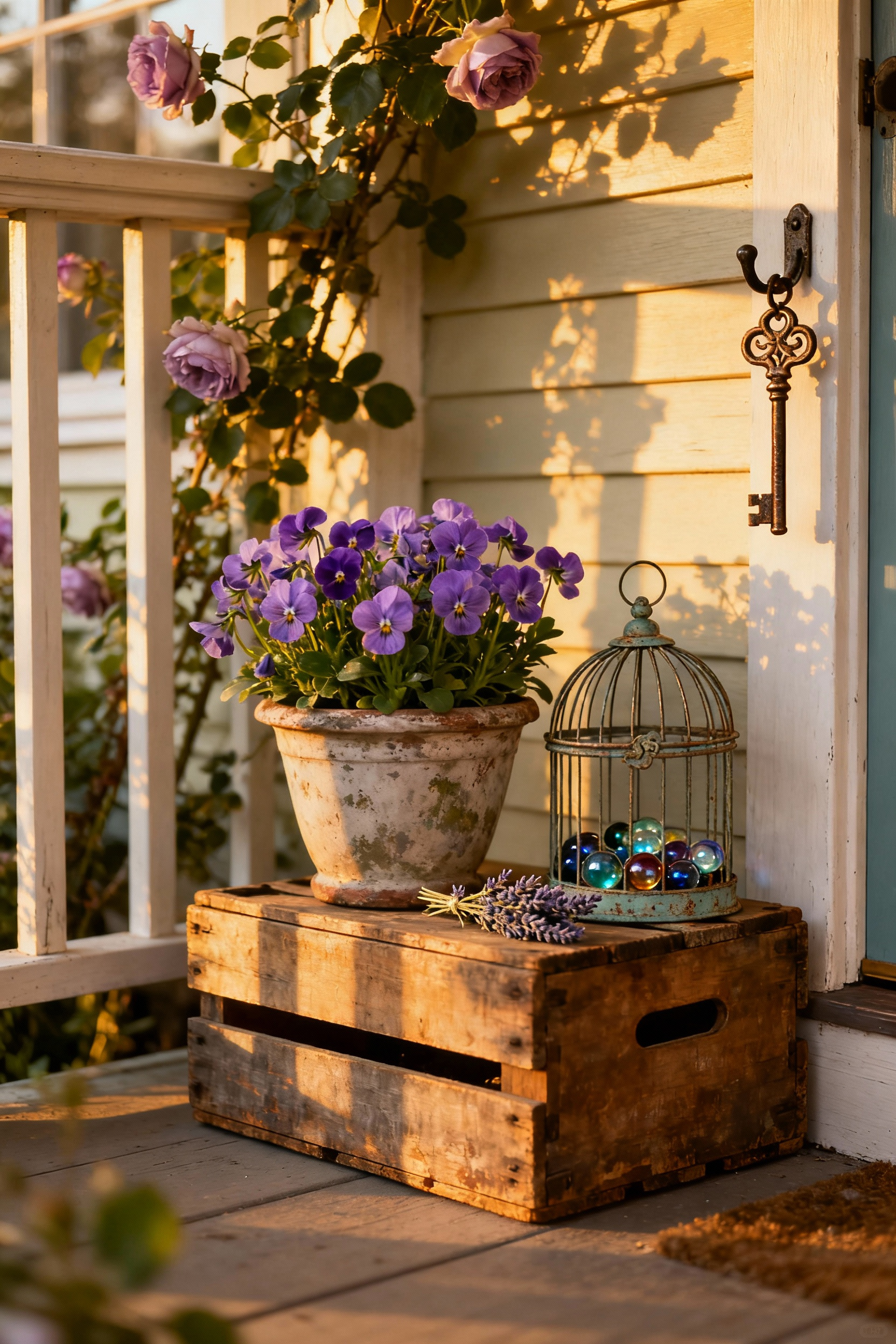 A charming cottage core front porch vignette featuring whimsical decorative accents including a vintage birdcage with glass marbles and lavender, weathered ceramic planter with violas, and an old key, all creating a personalized narrative.