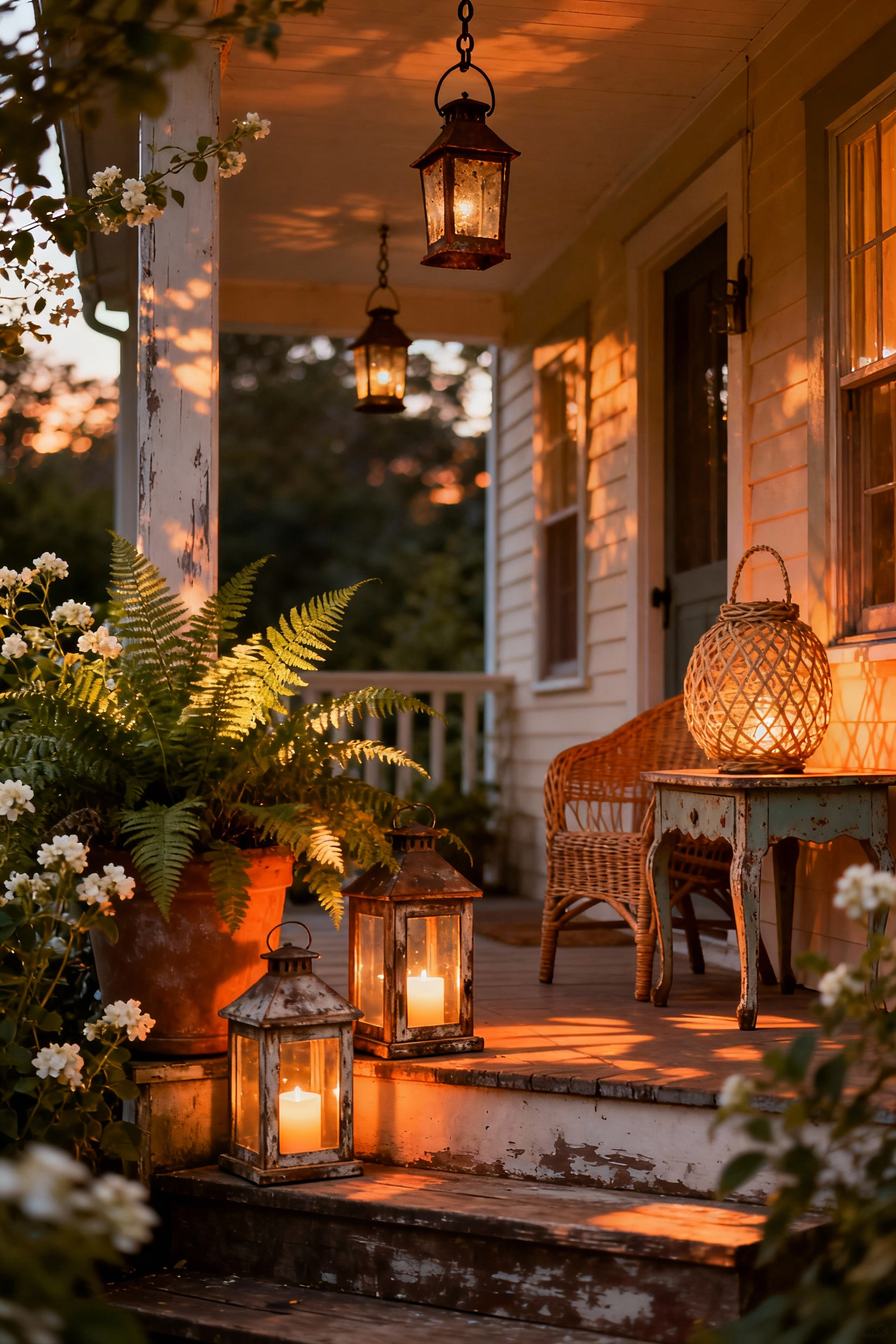 A cozy cottage core front porch at golden hour, decorated with a variety of aged metal, distressed wood, and natural fiber lanterns casting warm, soft light among potted ferns.