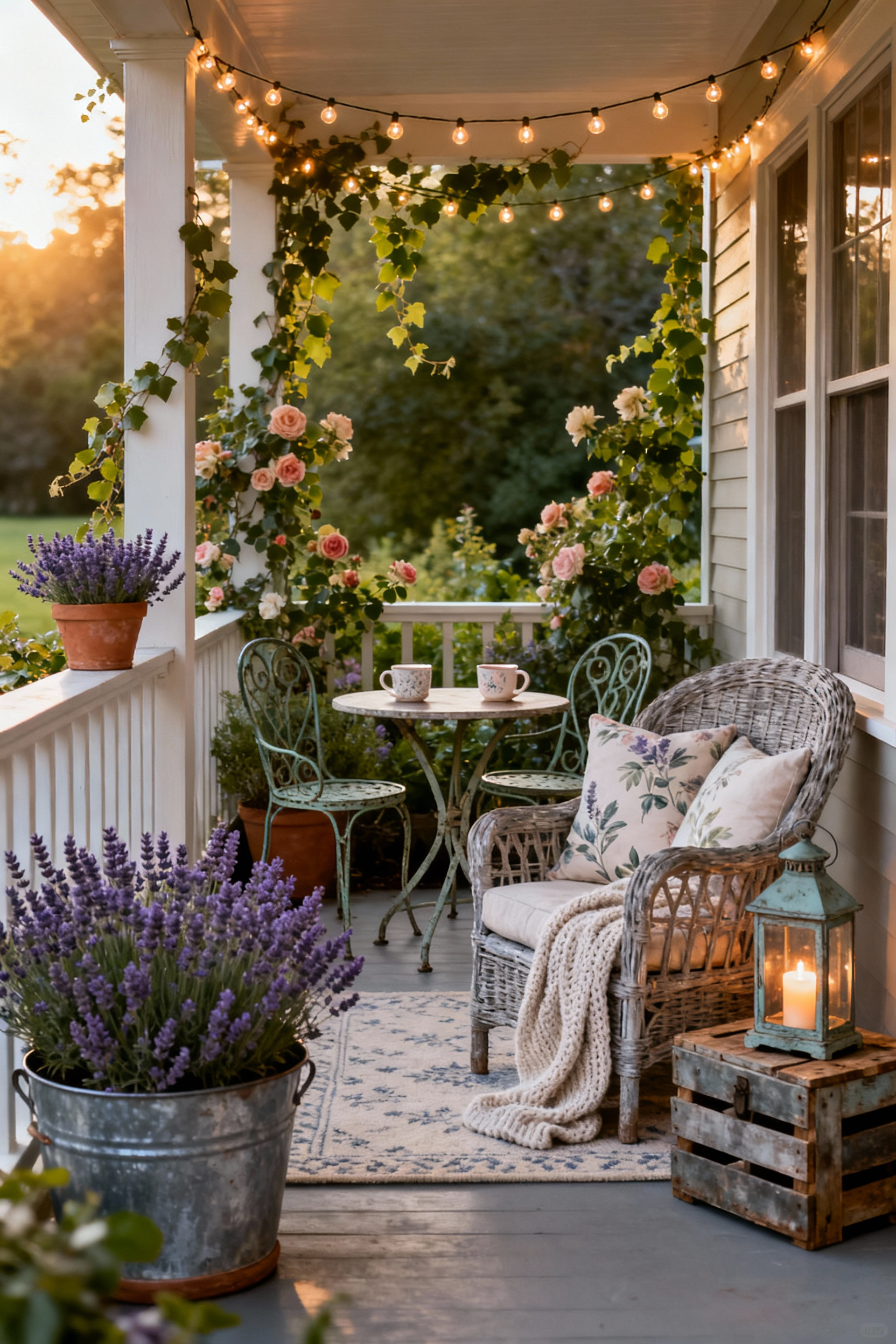 Charming multi-functional porch living room with wicker armchair, bistro table, and abundant plants in various containers under string lights.