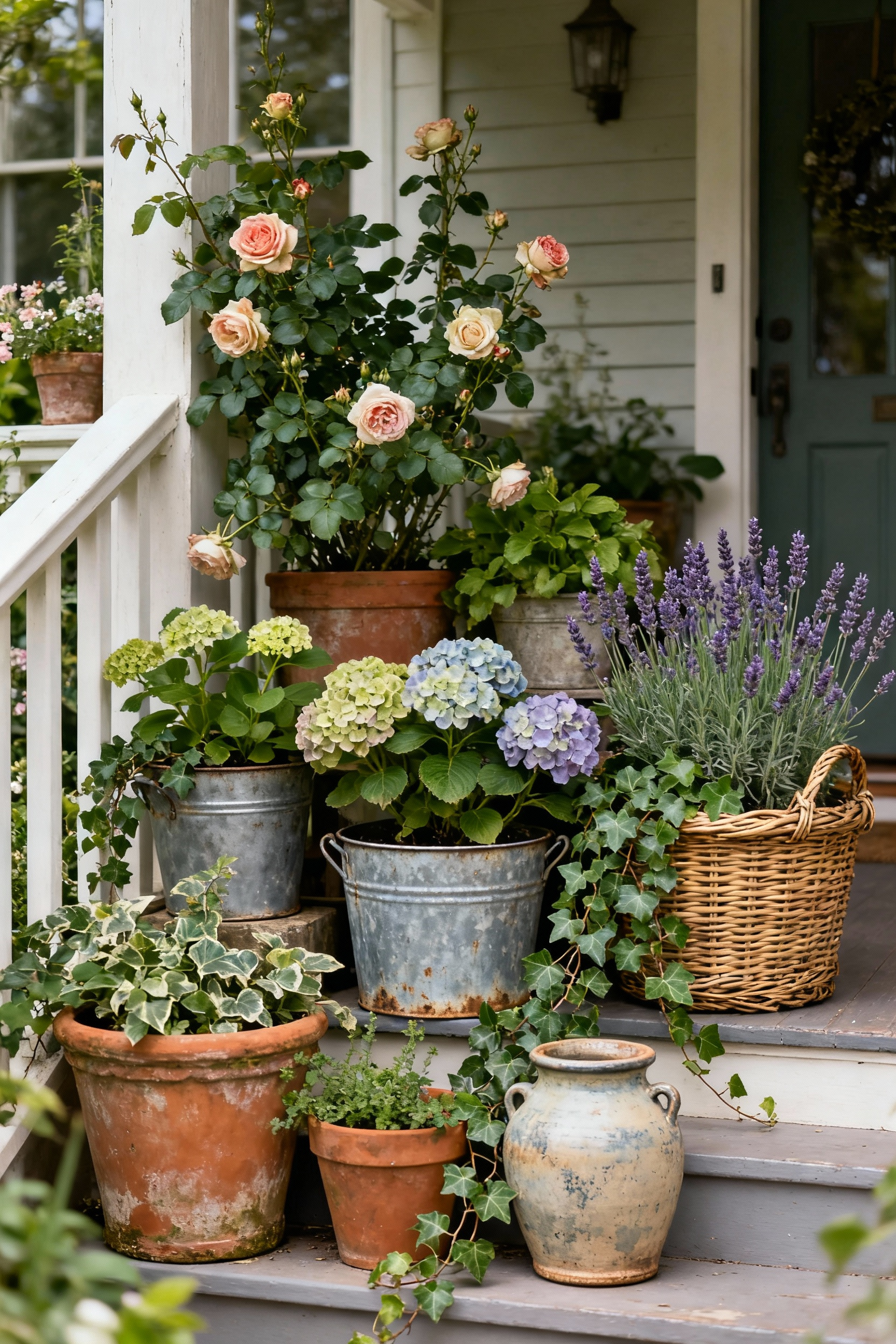 Lush front porch with a curated collection of cottage core plants in varied, character-filled pots. Antique roses, lavender, and ivy spill from aged terracotta, galvanized tubs, and baskets, creating a romantic, layered display under natural light.