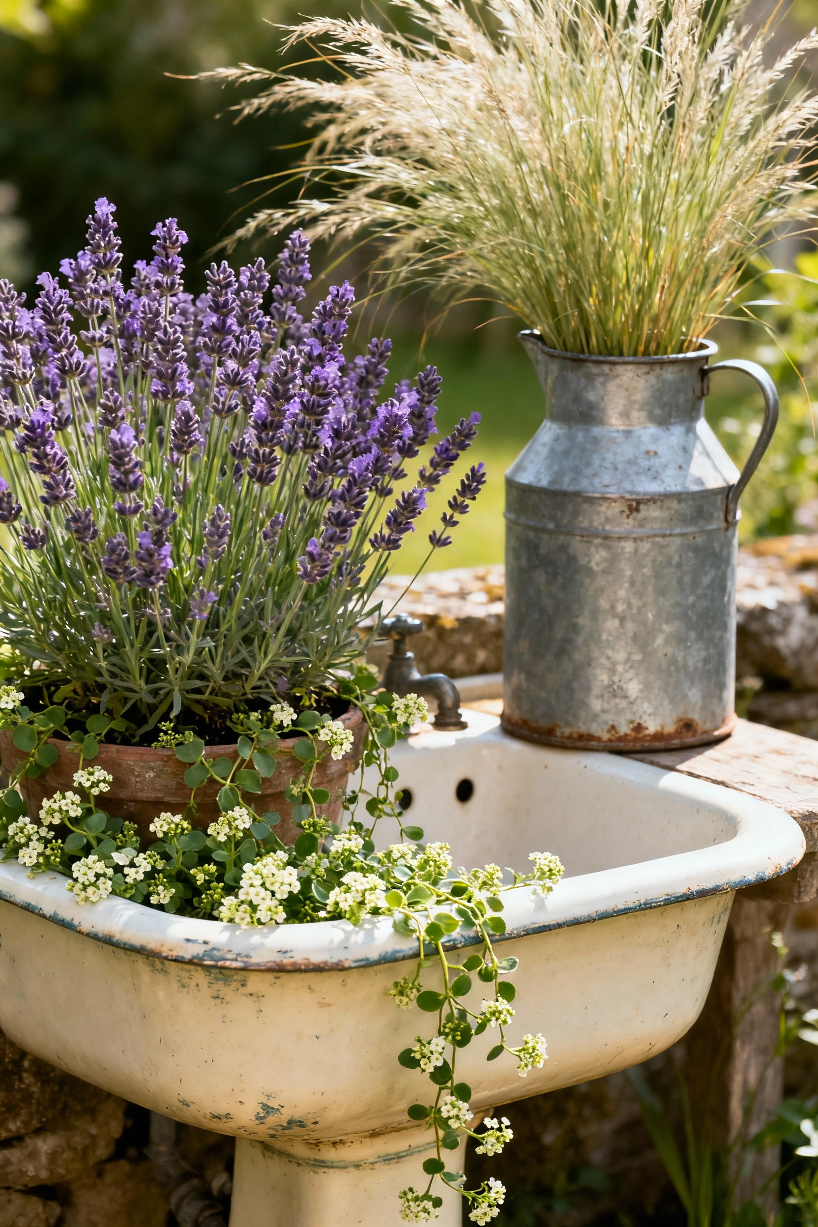 Front porch nook featuring upcycled treasures: an antique ceramic wash basin brimming with lavender and a galvanized milk can holding ornamental grasses, nestled within lush cottage core decor.