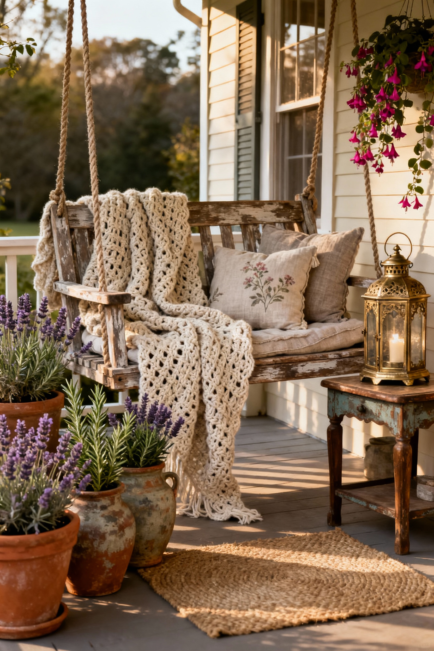 Cottage core front porch with weathered wood furniture, layered textiles, fragrant plants in vintage planters, and soft ambient lighting creating a cohesive outdoor sanctuary.