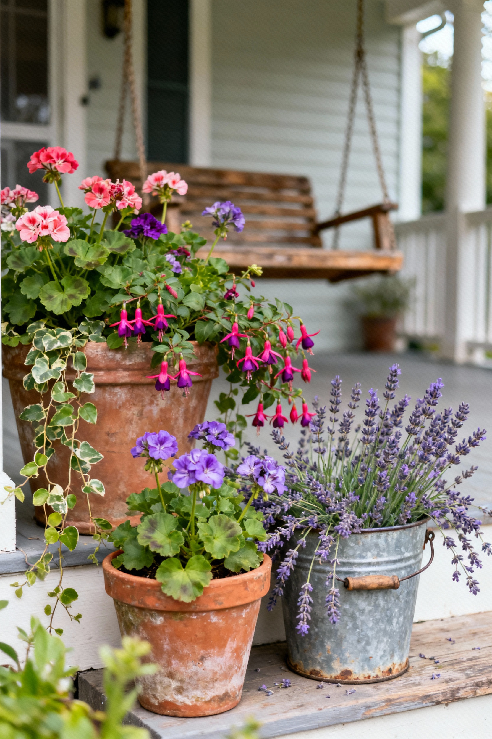 Close-up of a cottage core style front porch featuring numerous potted plants with vibrant flowers and trailing foliage in aged terracotta and galvanized containers, creating a lush, welcoming atmosphere.