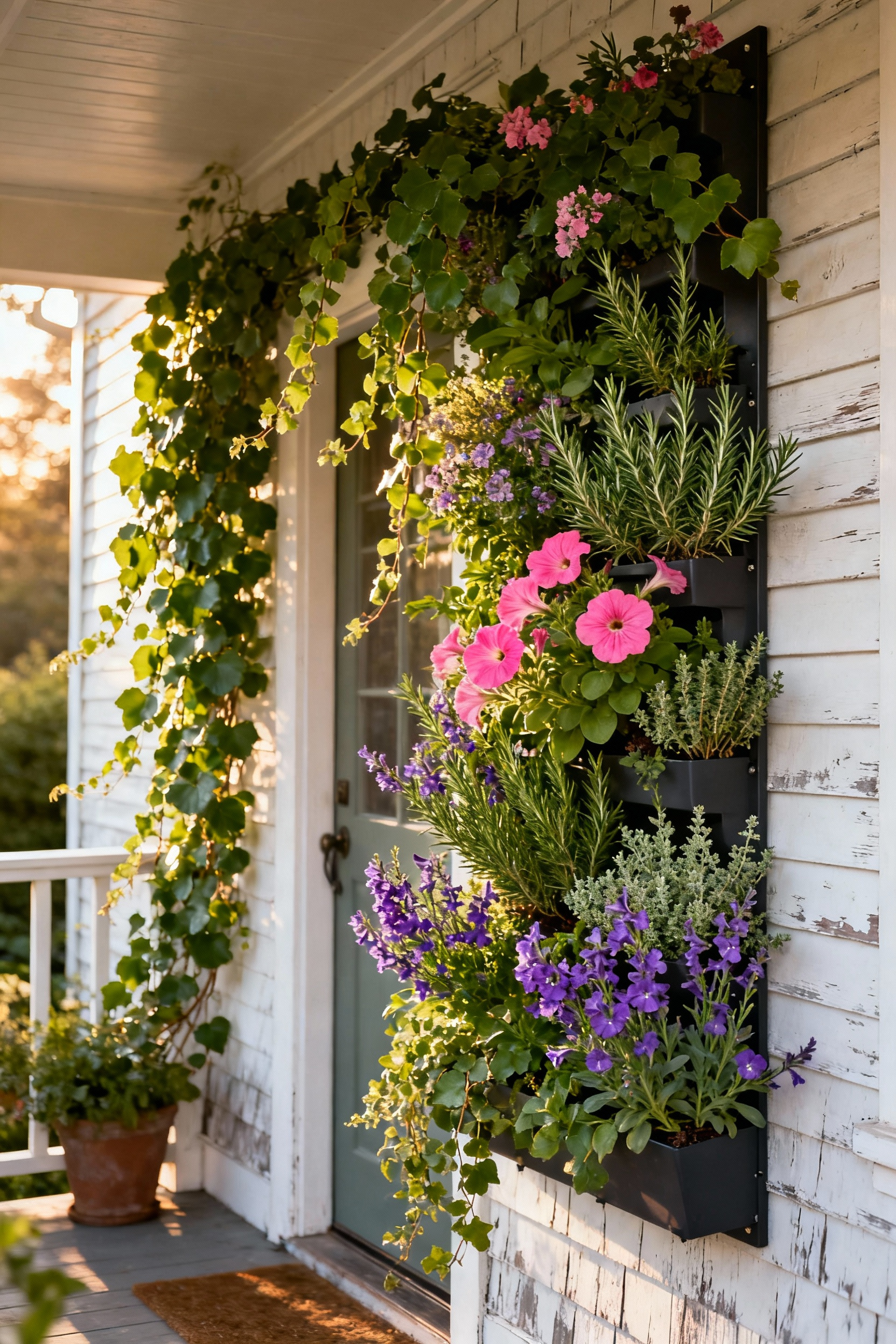 A vibrant vertical garden on a cottage core front porch, featuring lush green plants and colorful cascading flowers in wall-mounted planters, creating a beautiful and welcoming entrance.