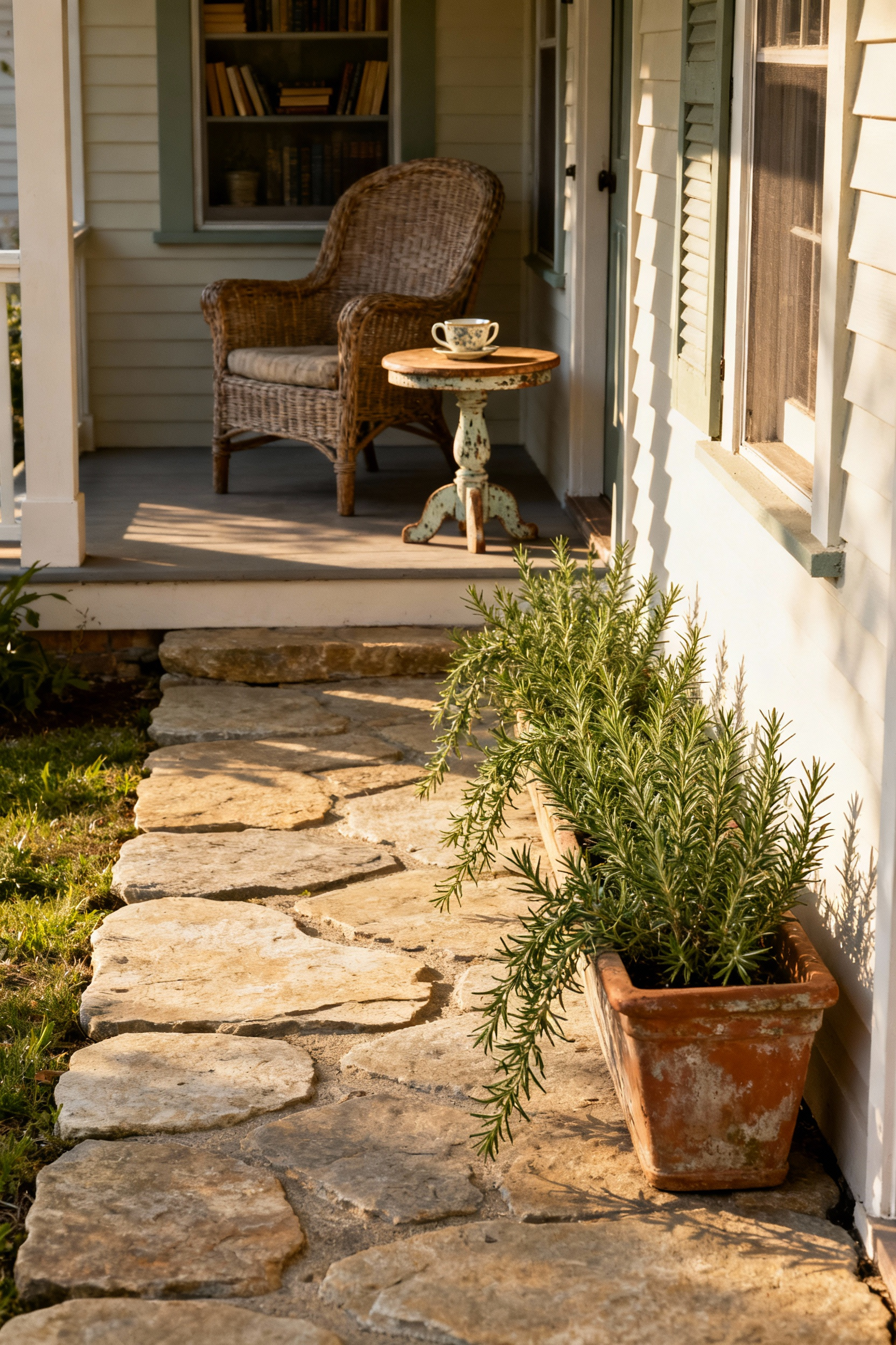 Cottage core front porch with clear pathway, vintage wicker chair reading nook, terracotta planters with rosemary, soft afternoon lighting, emphasizing functional flow