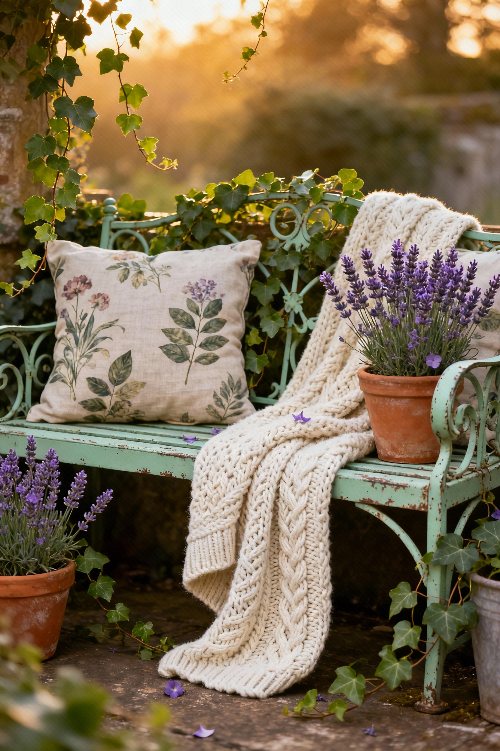 A cottage core front porch with a vintage sage green iron bench, oversized floral cushions, knitted throw, and lavender plants. Designed for comforting porch seating and relaxation.