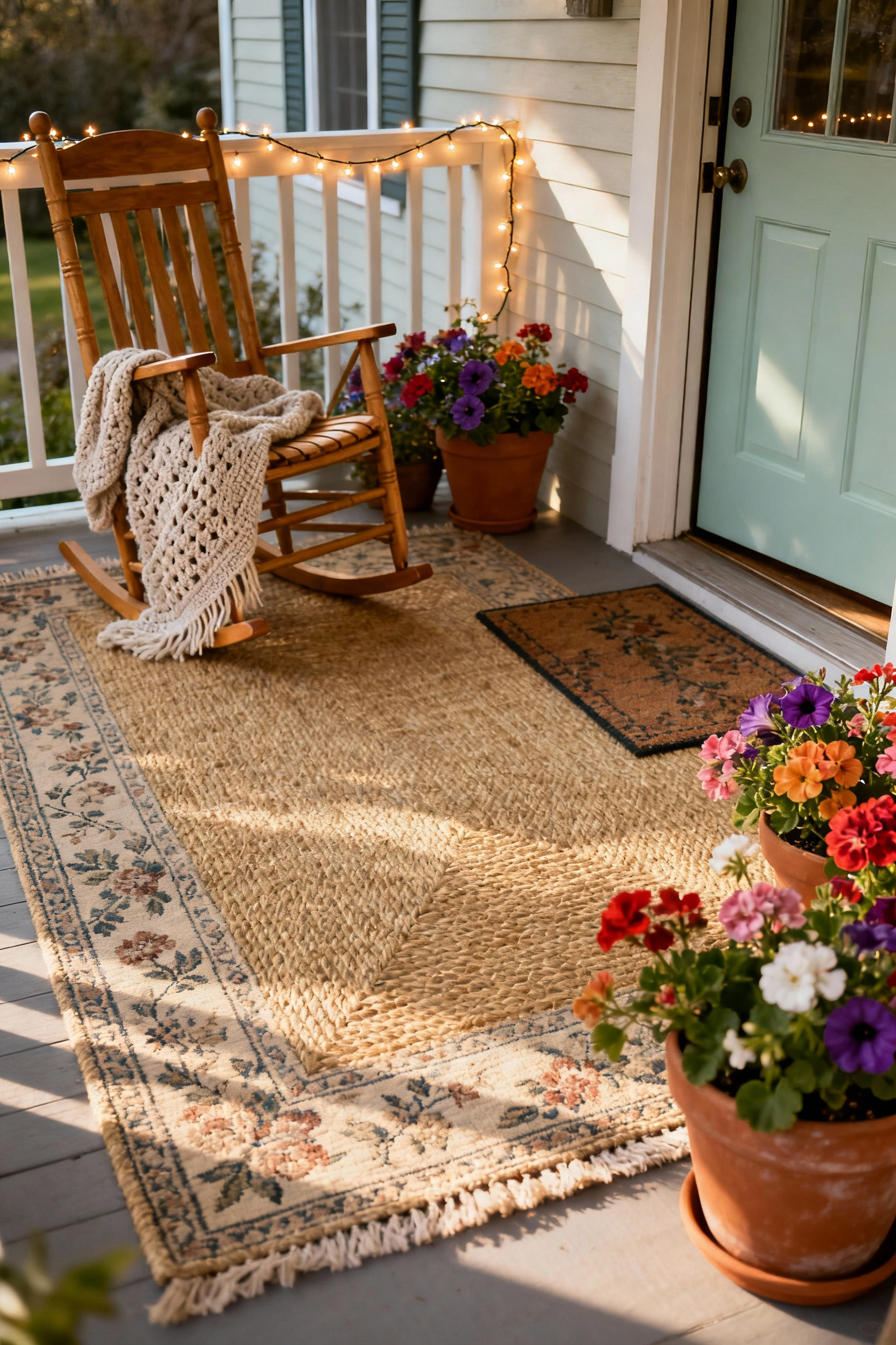 Cottage core front porch featuring a large jute rug layered with a smaller floral rug, a wooden rocking chair, and terracotta planters, under soft morning light.