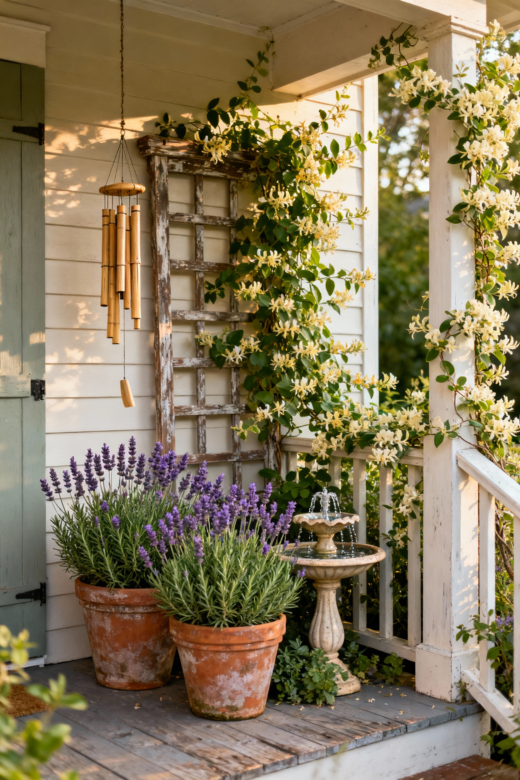Cottage core front porch featuring fragrant lavender and rosemary in terracotta pots, climbing honeysuckle, a bamboo wind chime, and a small trickling water feature, bathed in soft morning light.