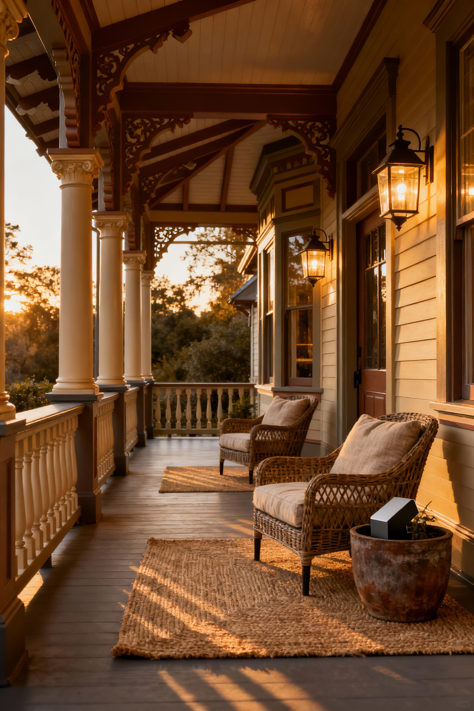 A charming, historically authentic cottage core front porch featuring intricate architectural details, vintage-style lanterns, and modern, comfortable rattan chairs with plush cushions, creating a welcoming and timeless outdoor living space.