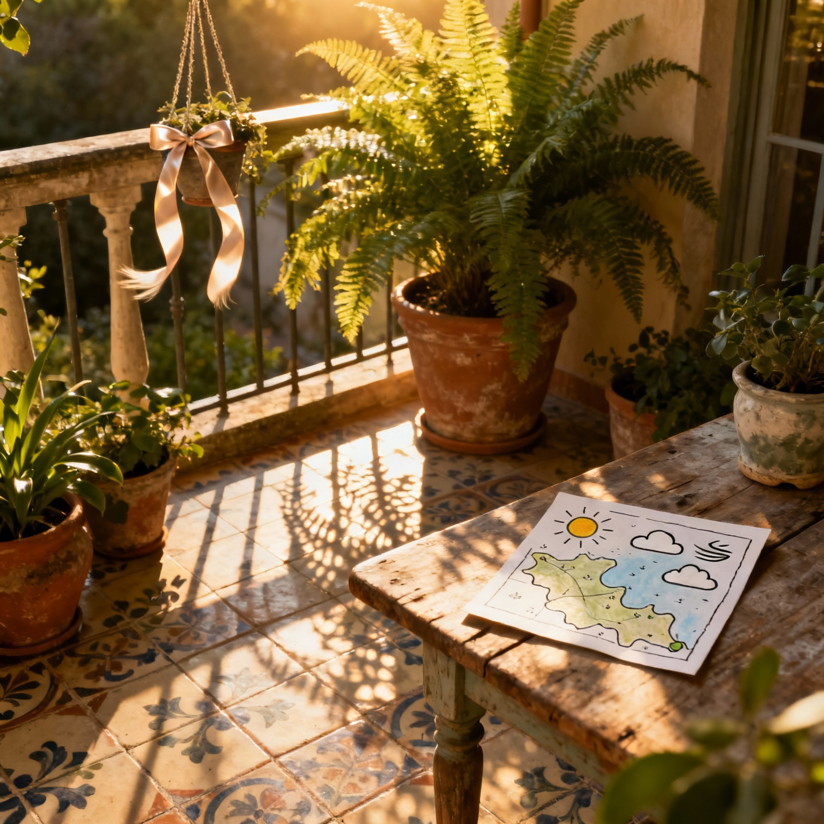Cottage core style balcony with dappled sunlight, a subtle ribbon indicating wind, and a hand-drawn microclimate map, symbolizing balcony light and wind exposure assessment.