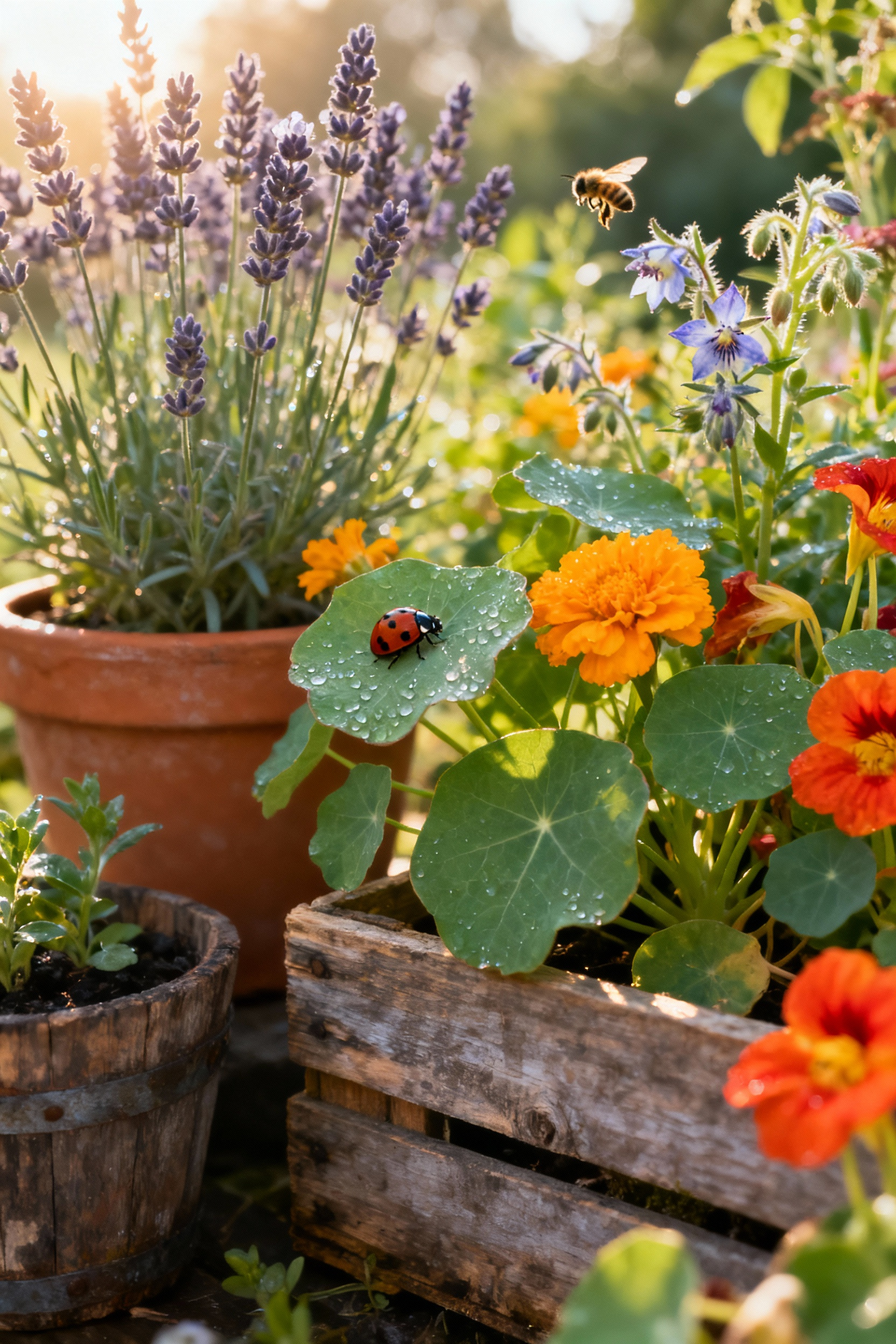 Close-up of a cottage-core balcony garden with ladybugs on lavender and marigolds, illustrating natural balcony pest control and ecological harmony.